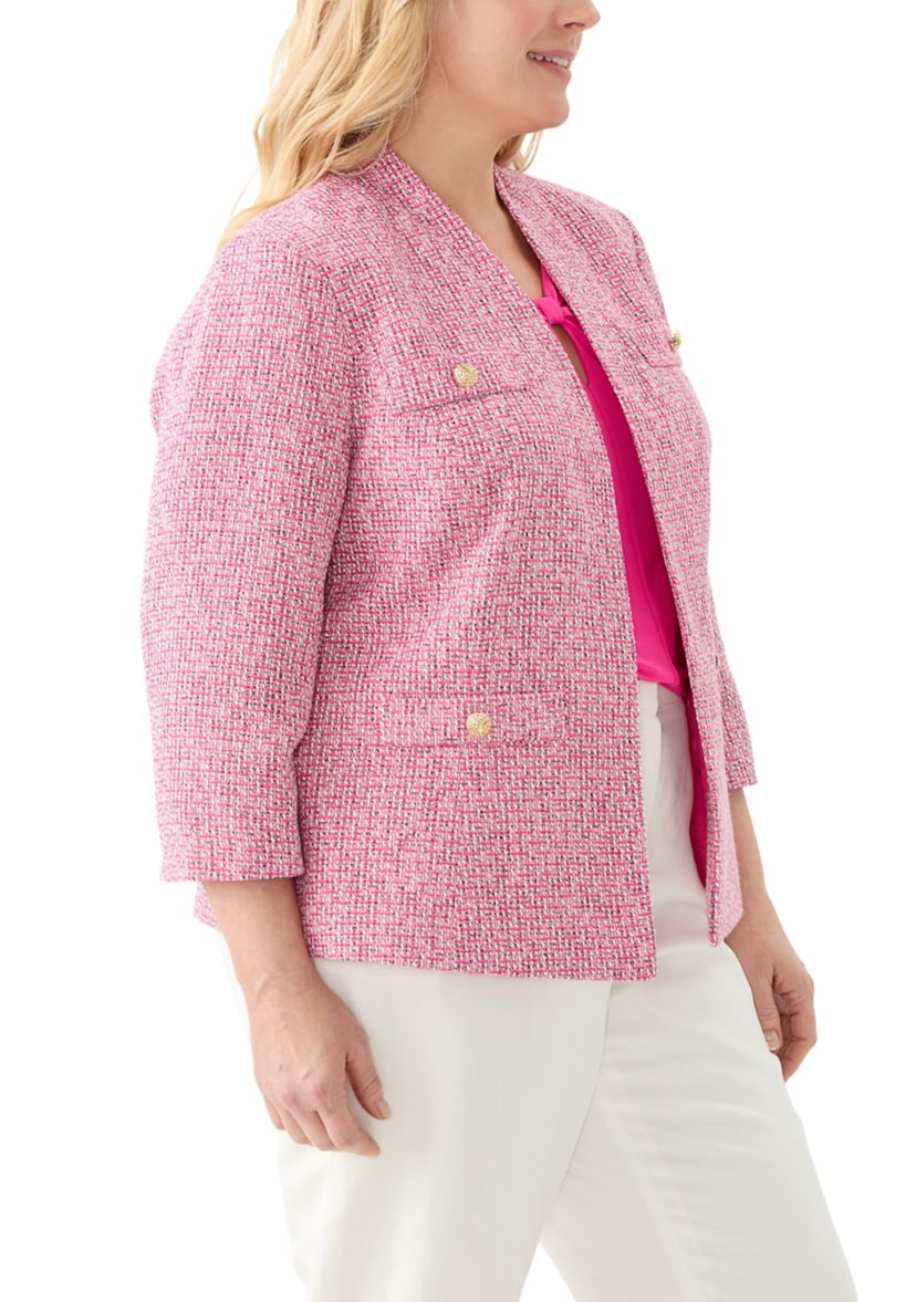 Plus Size Tweed Collarless Jacket
