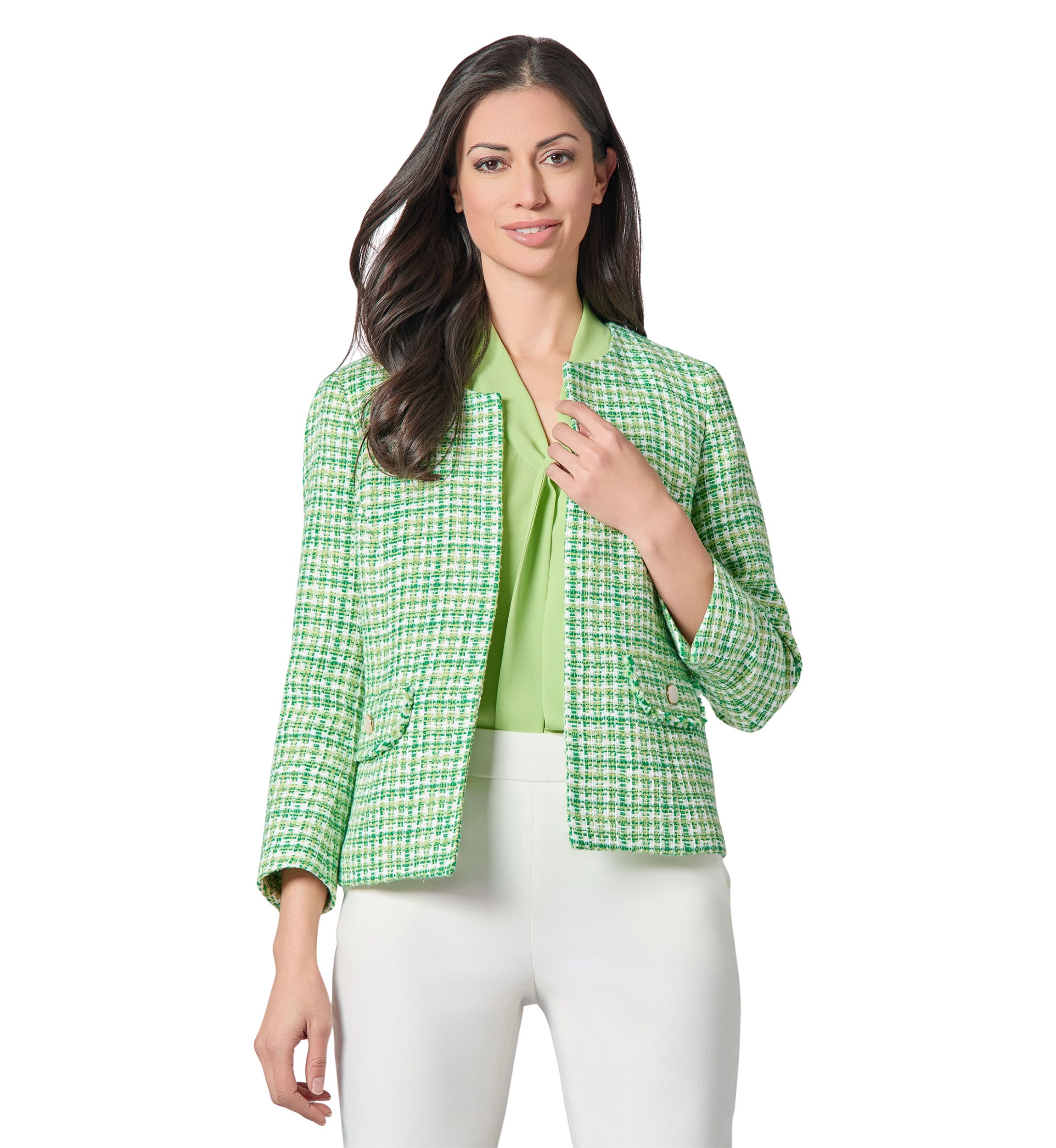 Womens Tweed Open Front Jacket with Fringe Pockets