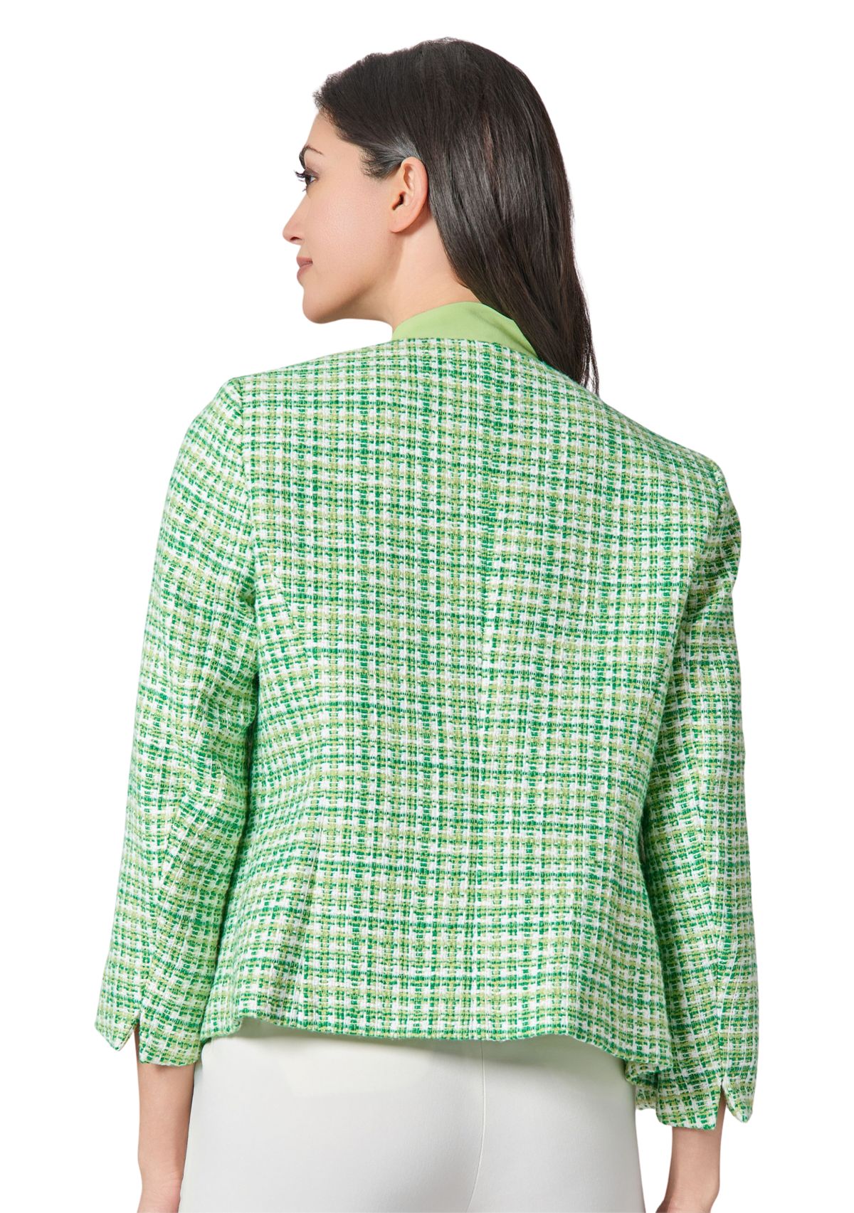 Womens Tweed Open Front Jacket with Fringe Pockets