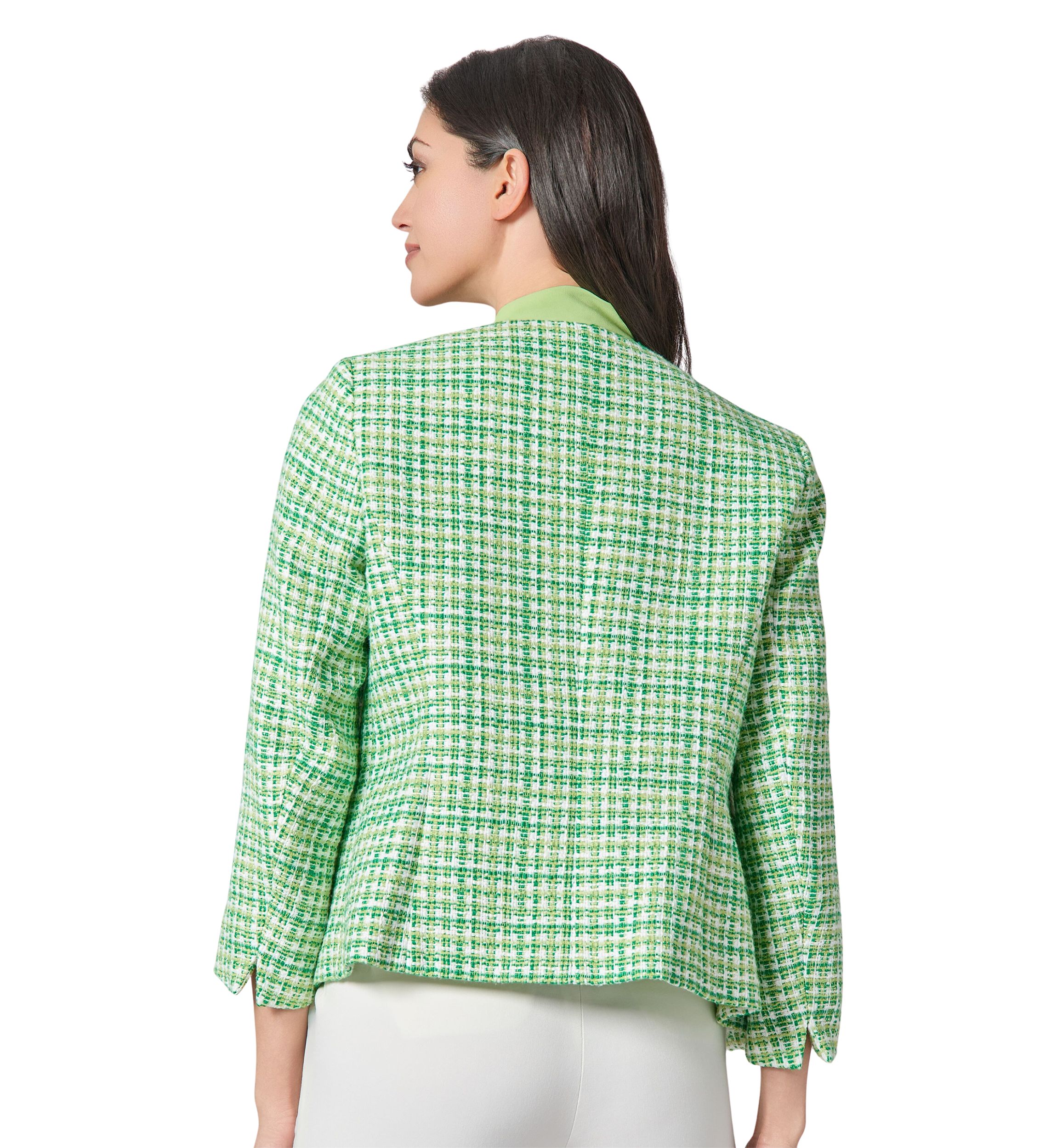 Womens Tweed Open Front Jacket with Fringe Pockets