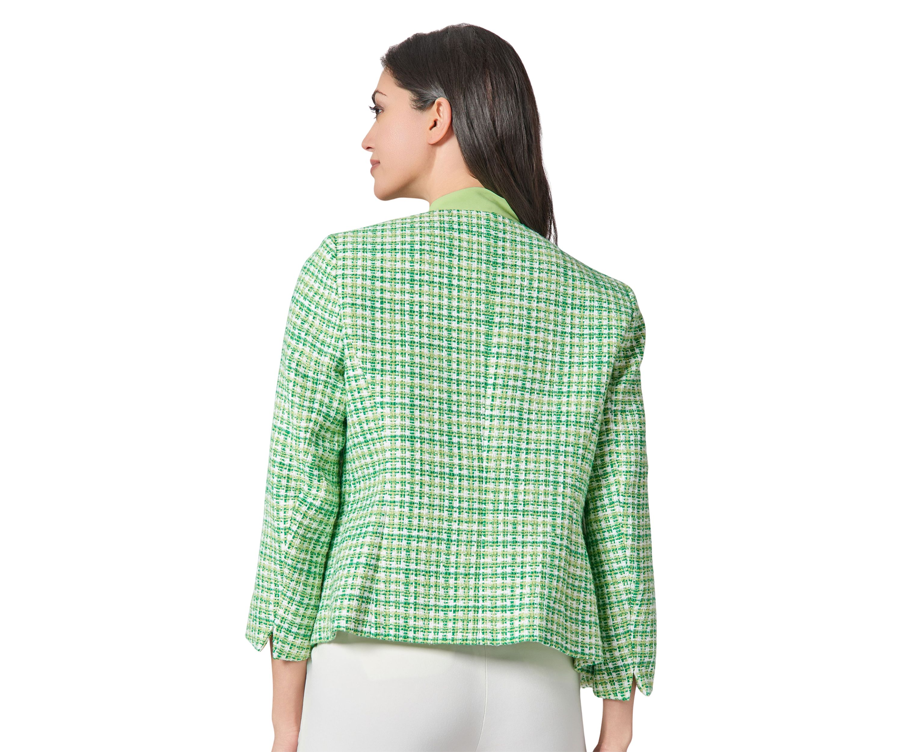 Womens Tweed Open Front Jacket with Fringe Pockets