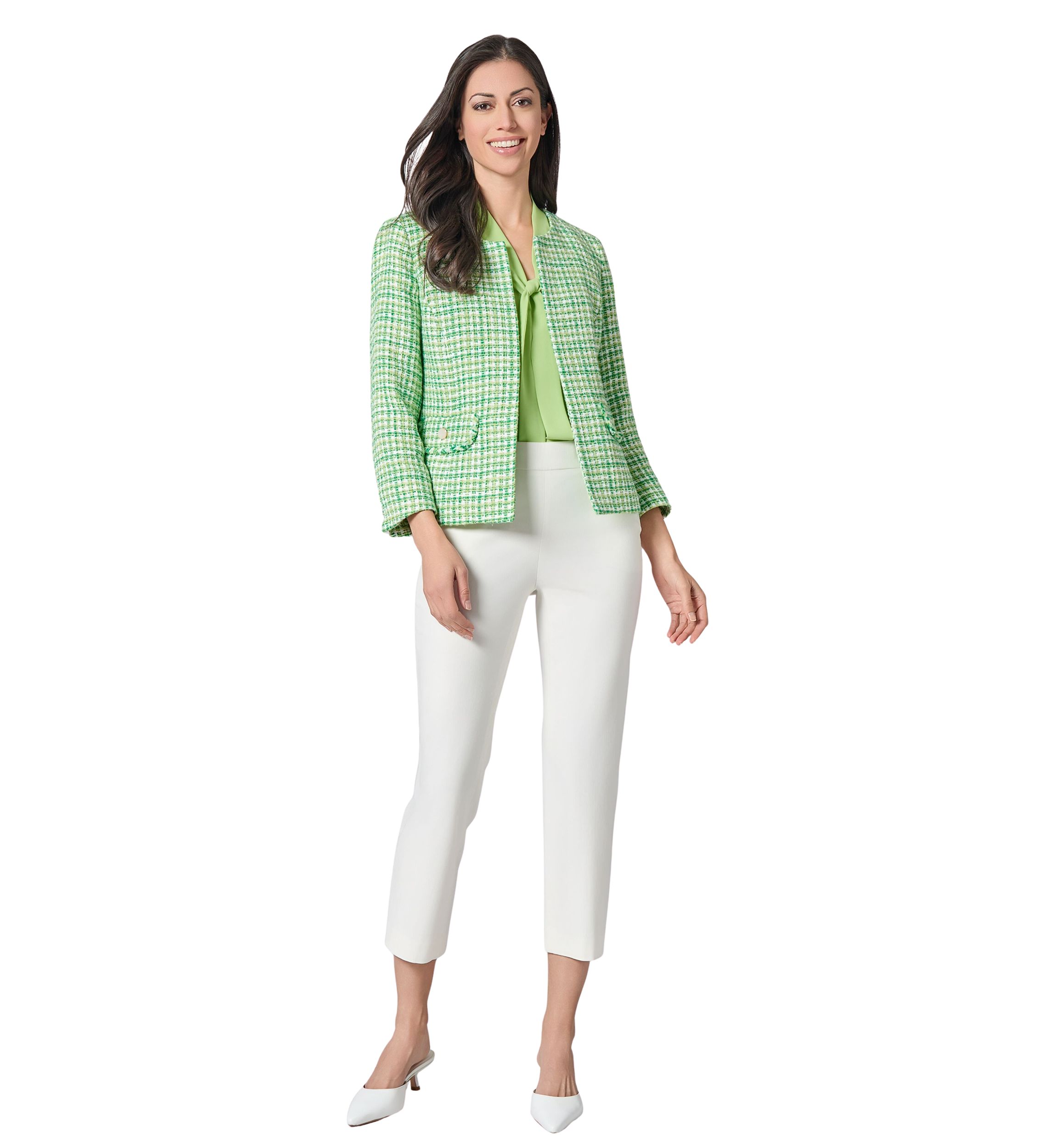 Womens Tweed Open Front Jacket with Fringe Pockets