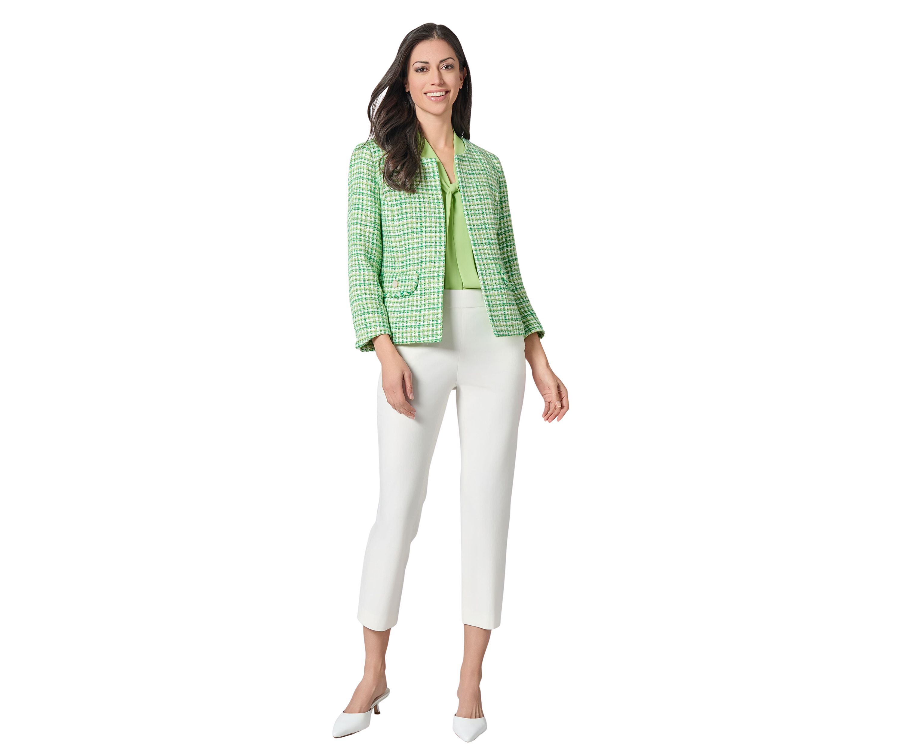 Womens Tweed Open Front Jacket with Fringe Pockets