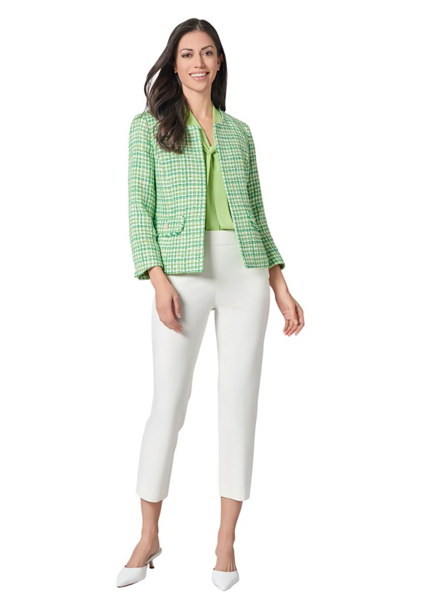 Womens Tweed Open Front Jacket with Fringe Pockets