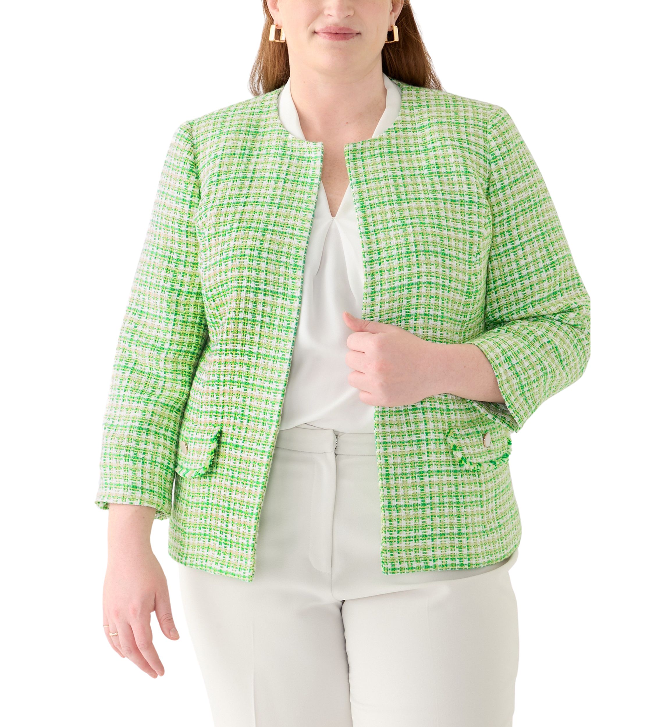 Plus Size Tweed Open Jacket with Fringe Pockets 
