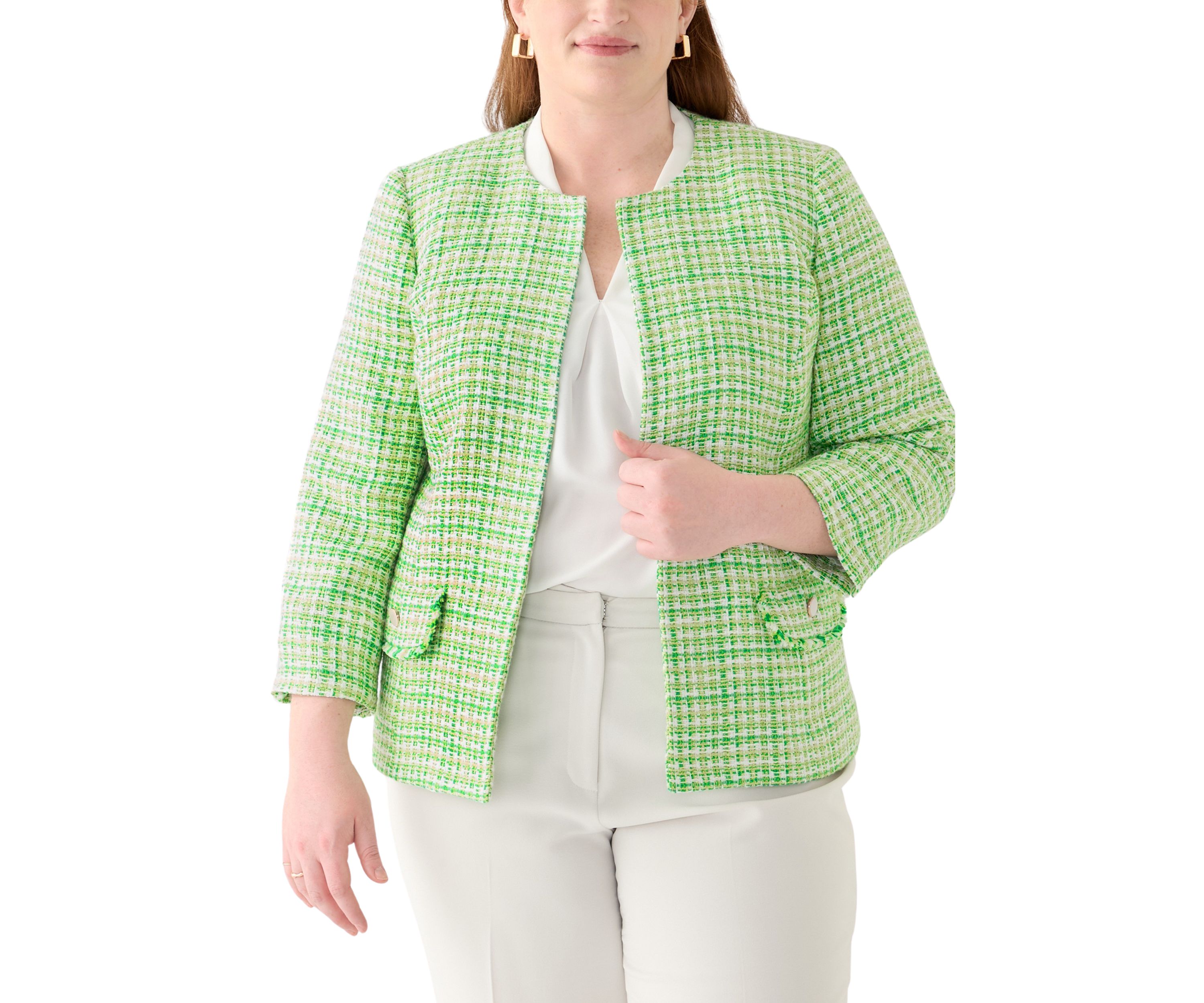 Plus Size Tweed Open Jacket with Fringe Pockets 