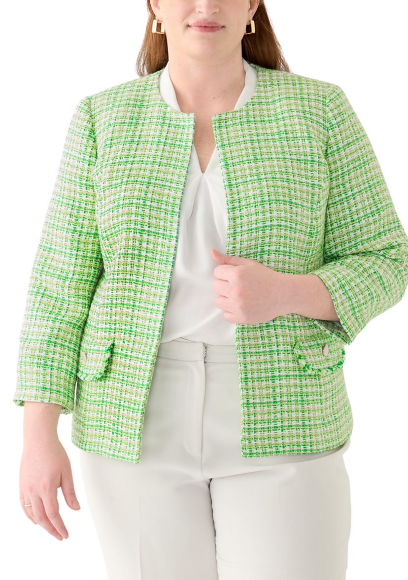 Plus Size Tweed Open Jacket with Fringe Pockets 