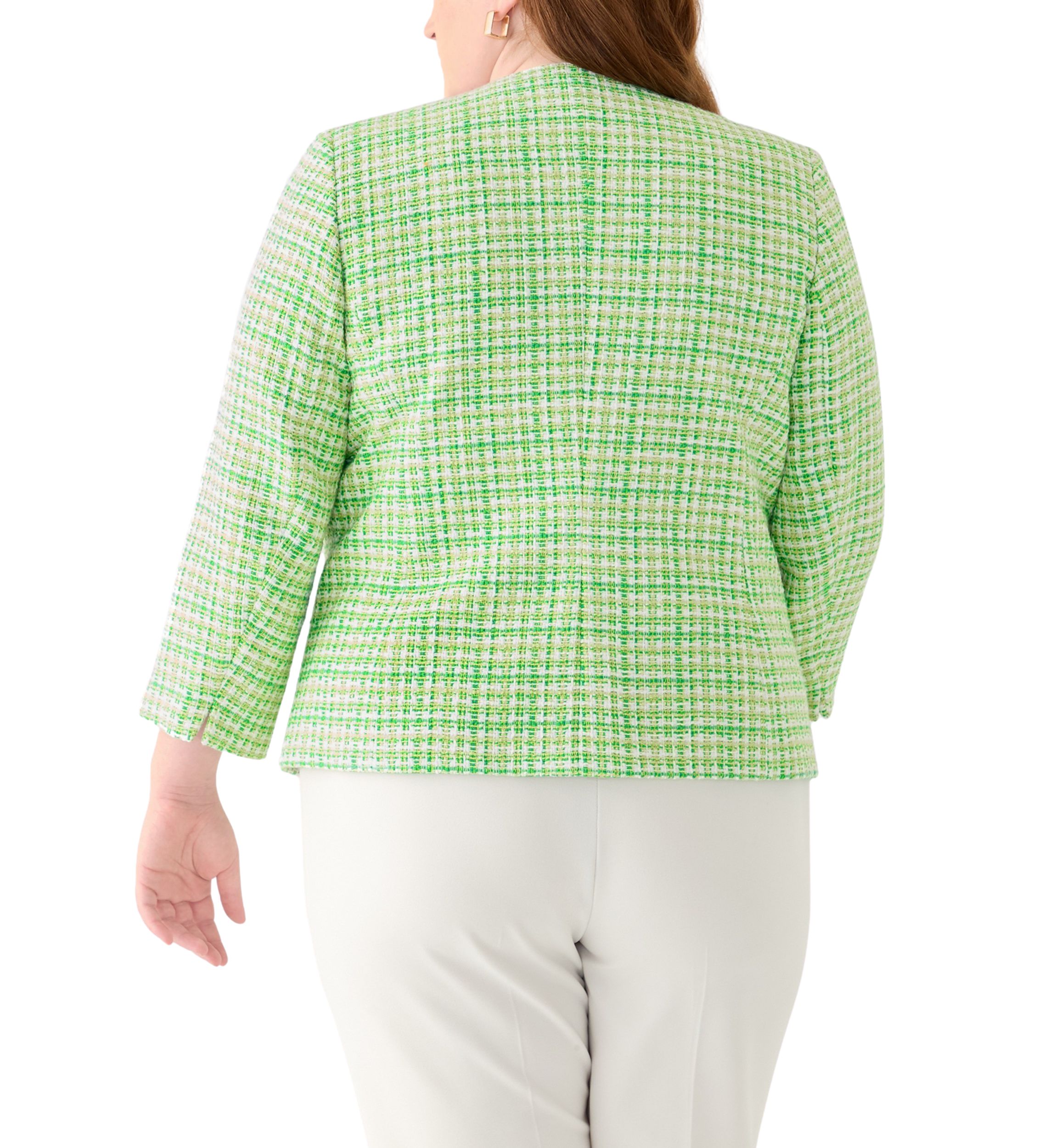 Plus Size Tweed Open Jacket with Fringe Pockets 