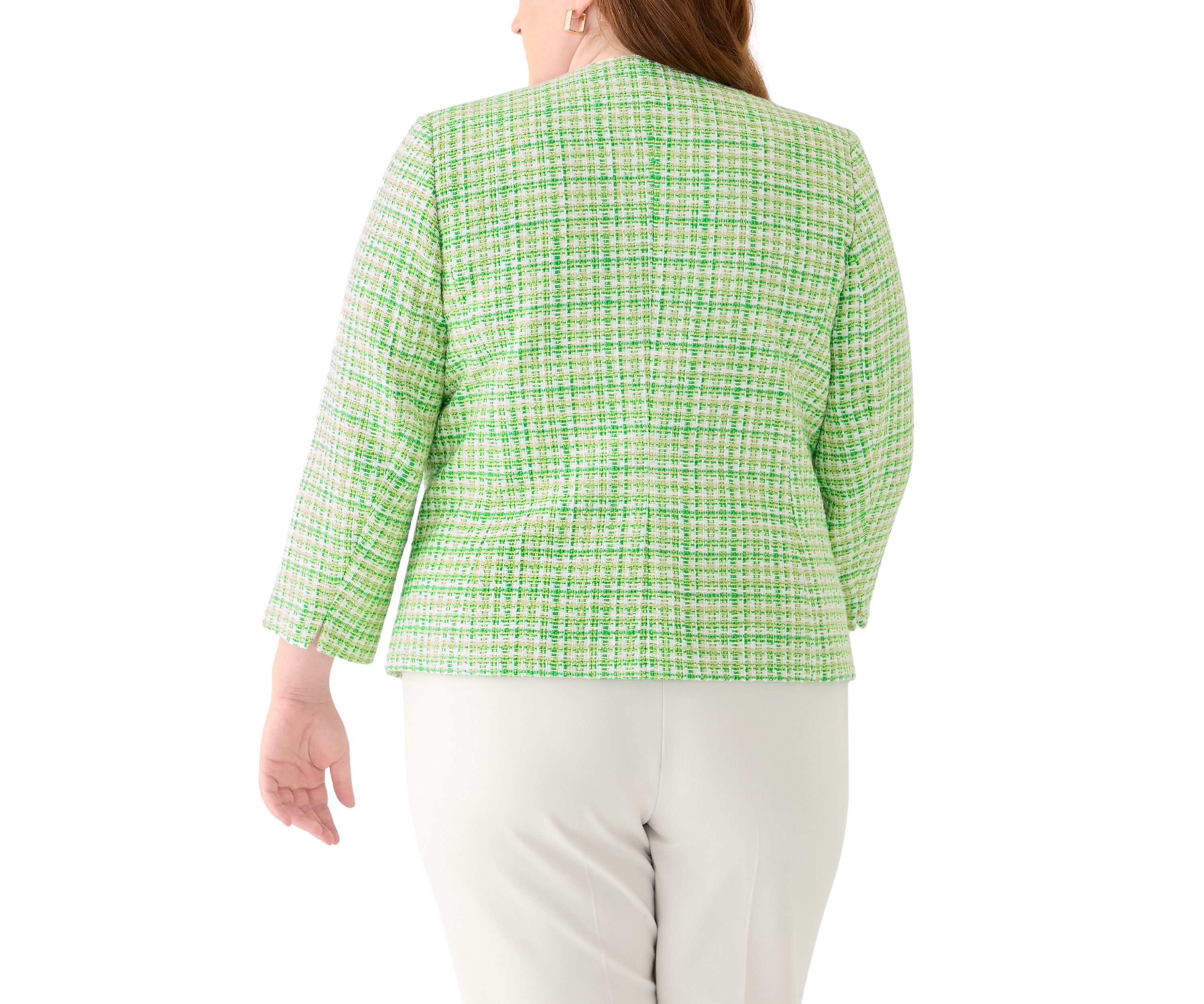 Plus Size Tweed Open Jacket with Fringe Pockets 