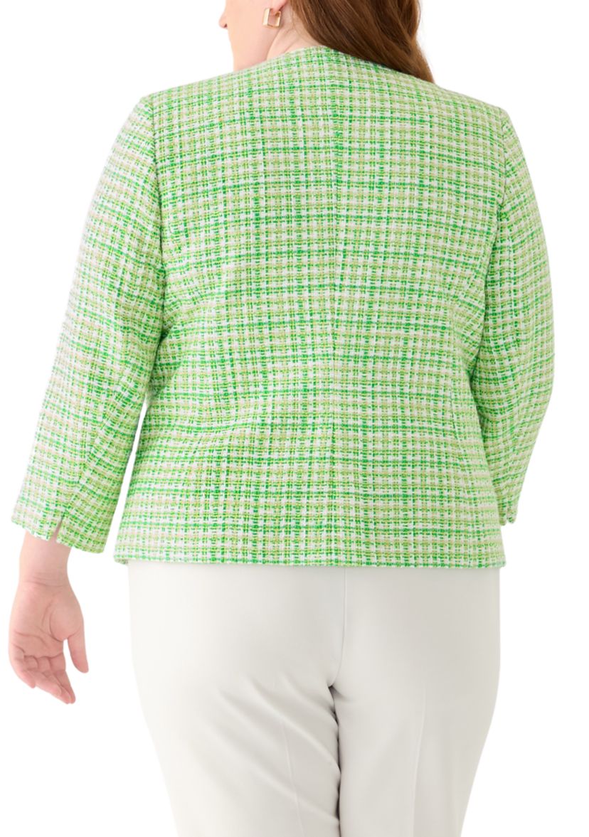 Plus Size Tweed Open Jacket with Fringe Pockets 