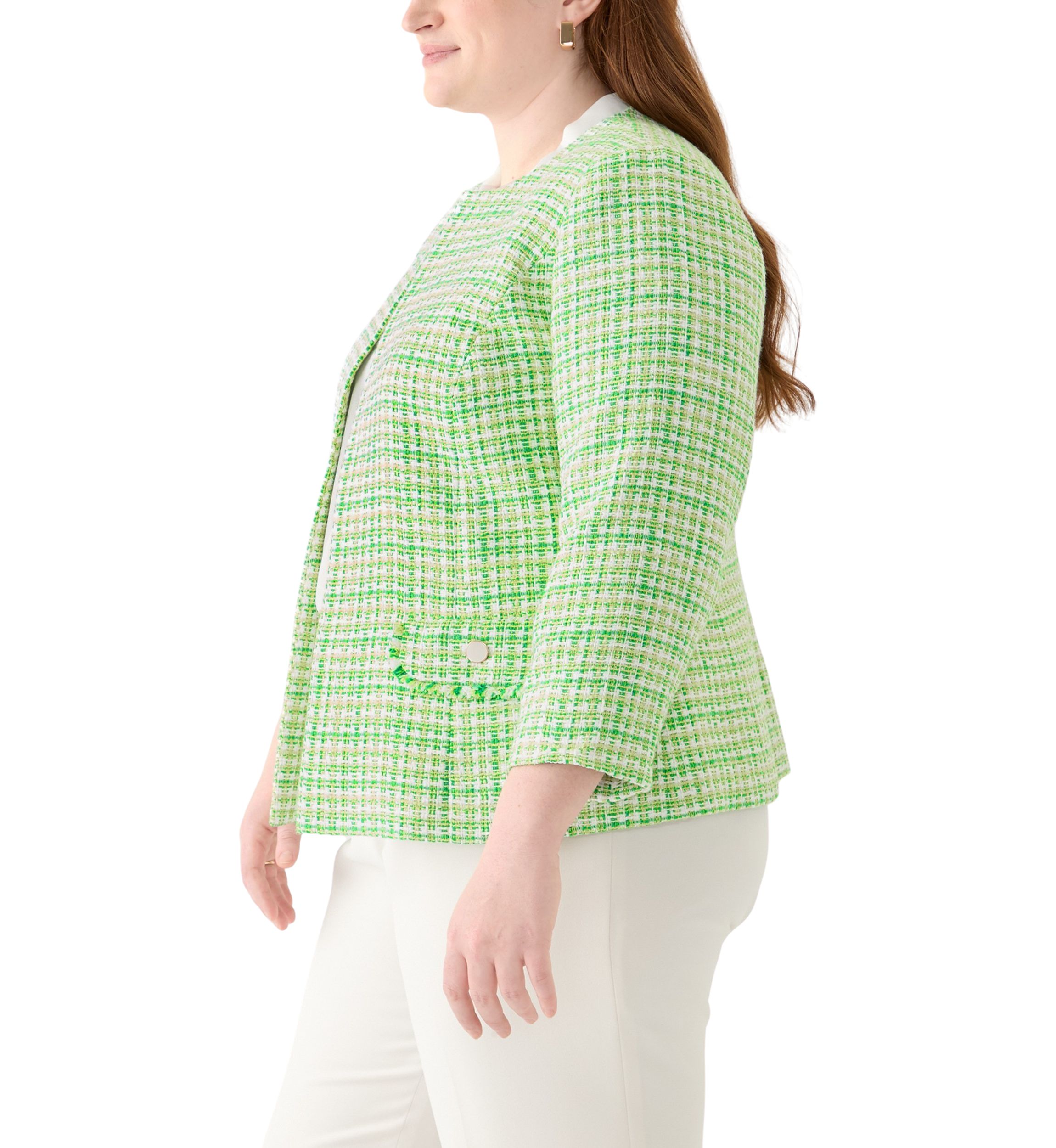 Plus Size Tweed Open Jacket with Fringe Pockets 
