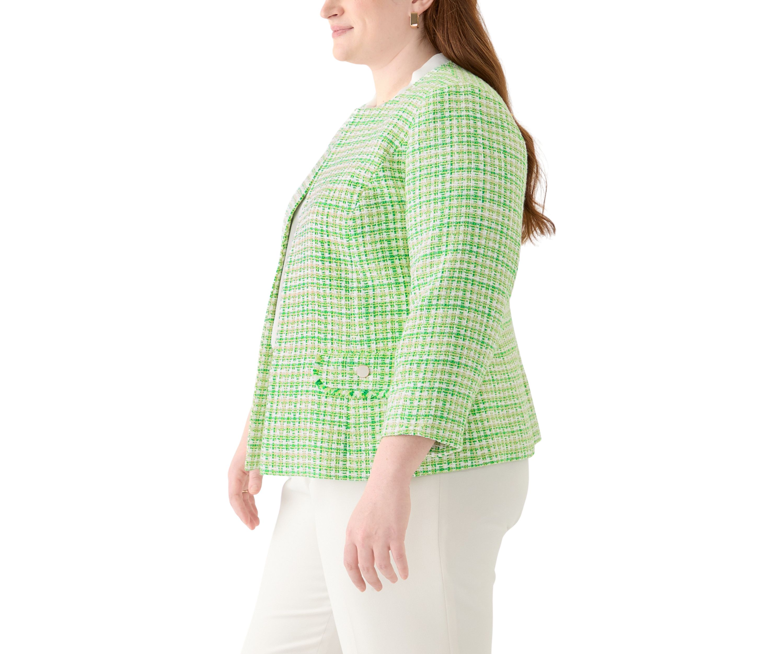 Plus Size Tweed Open Jacket with Fringe Pockets 