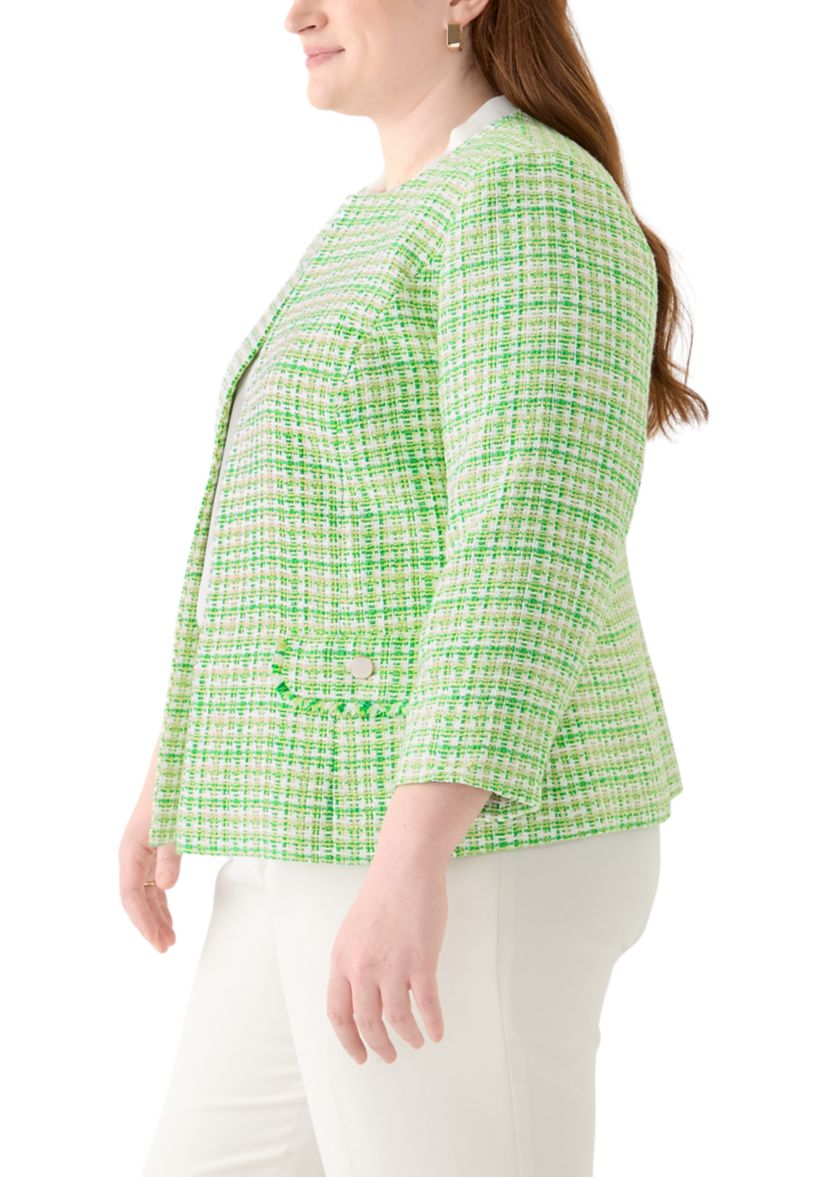 Plus Size Tweed Open Jacket with Fringe Pockets 