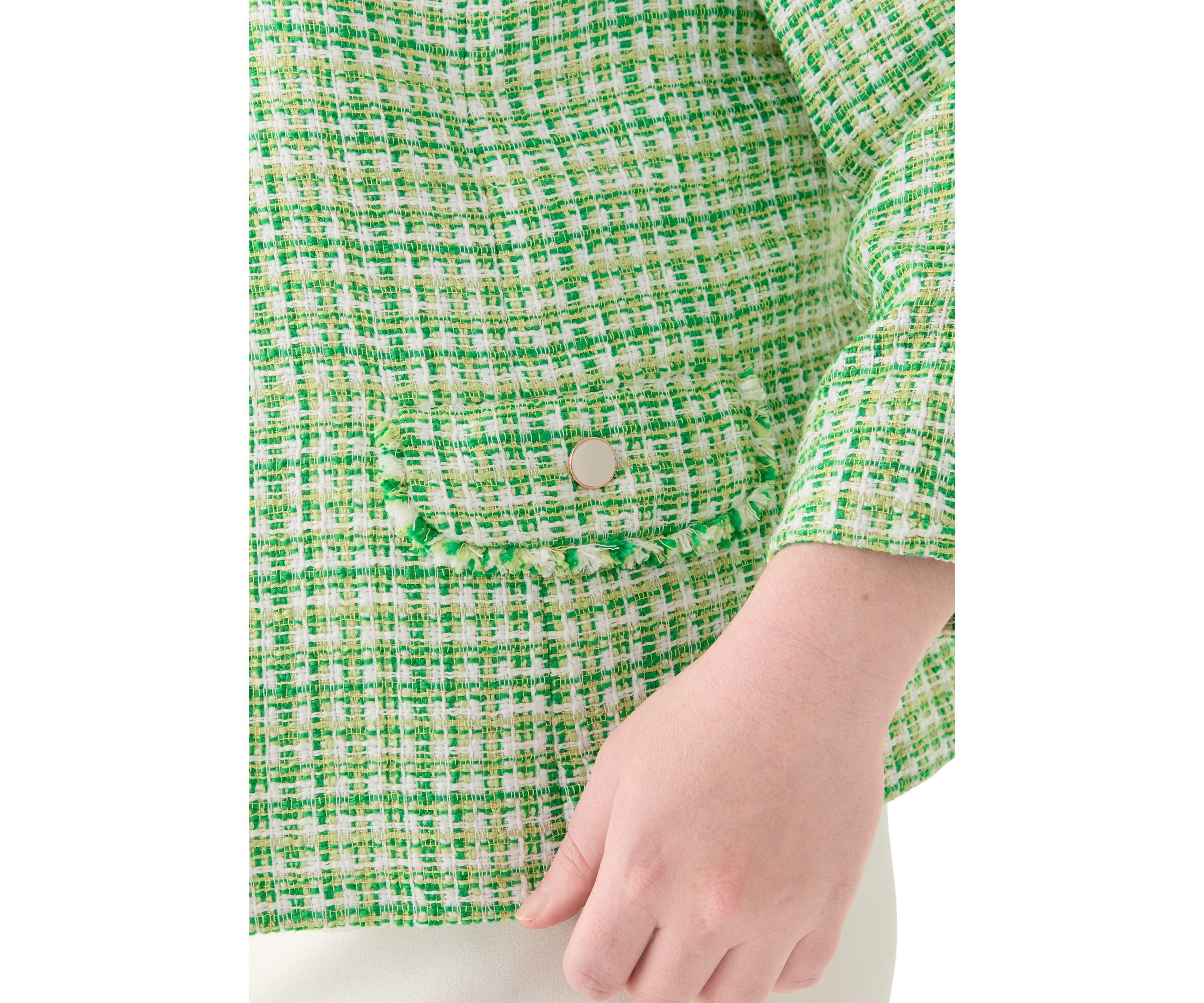 Plus Size Tweed Open Jacket with Fringe Pockets 