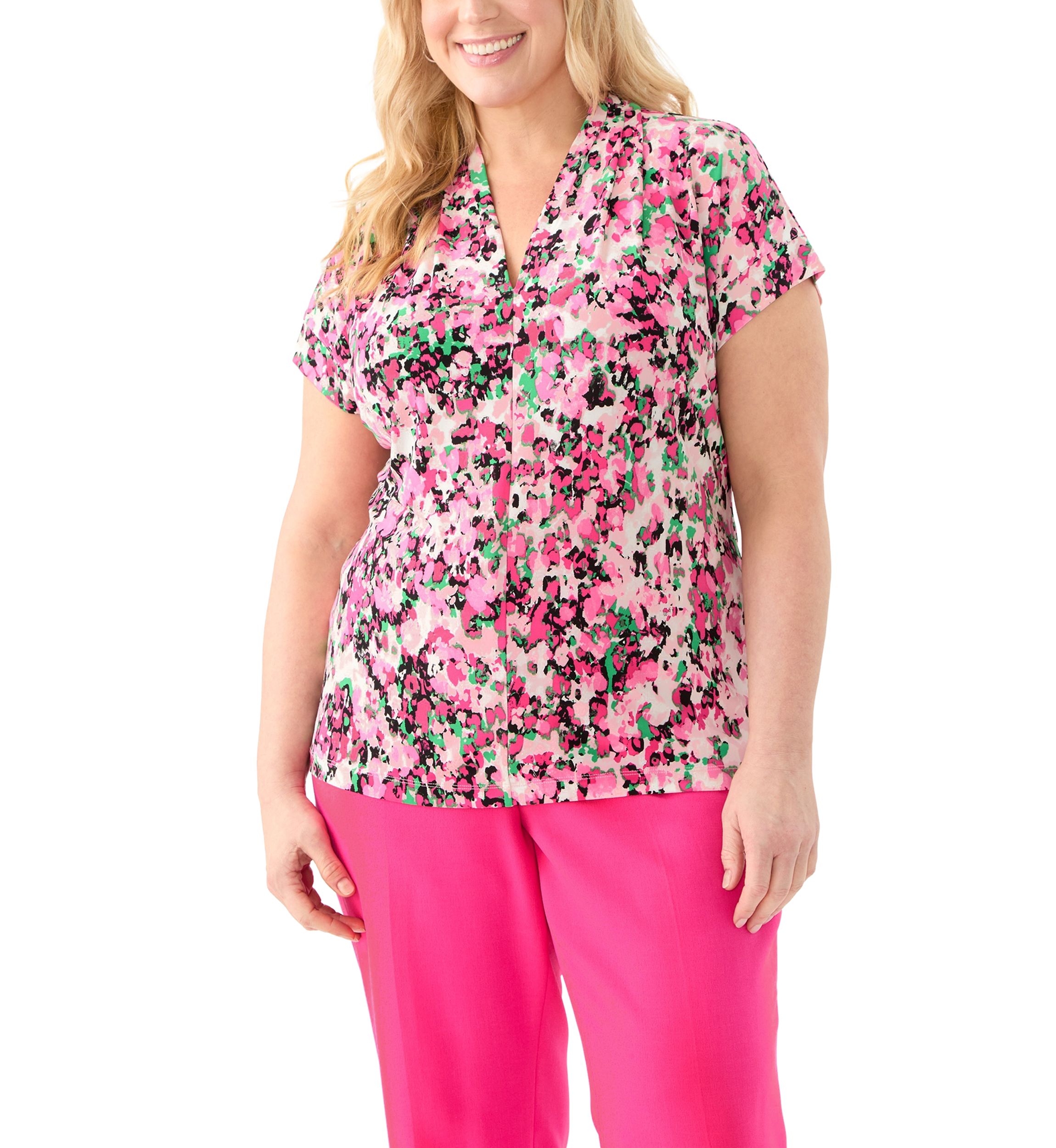 Plus Size Multi Print V-Neck Knit Top