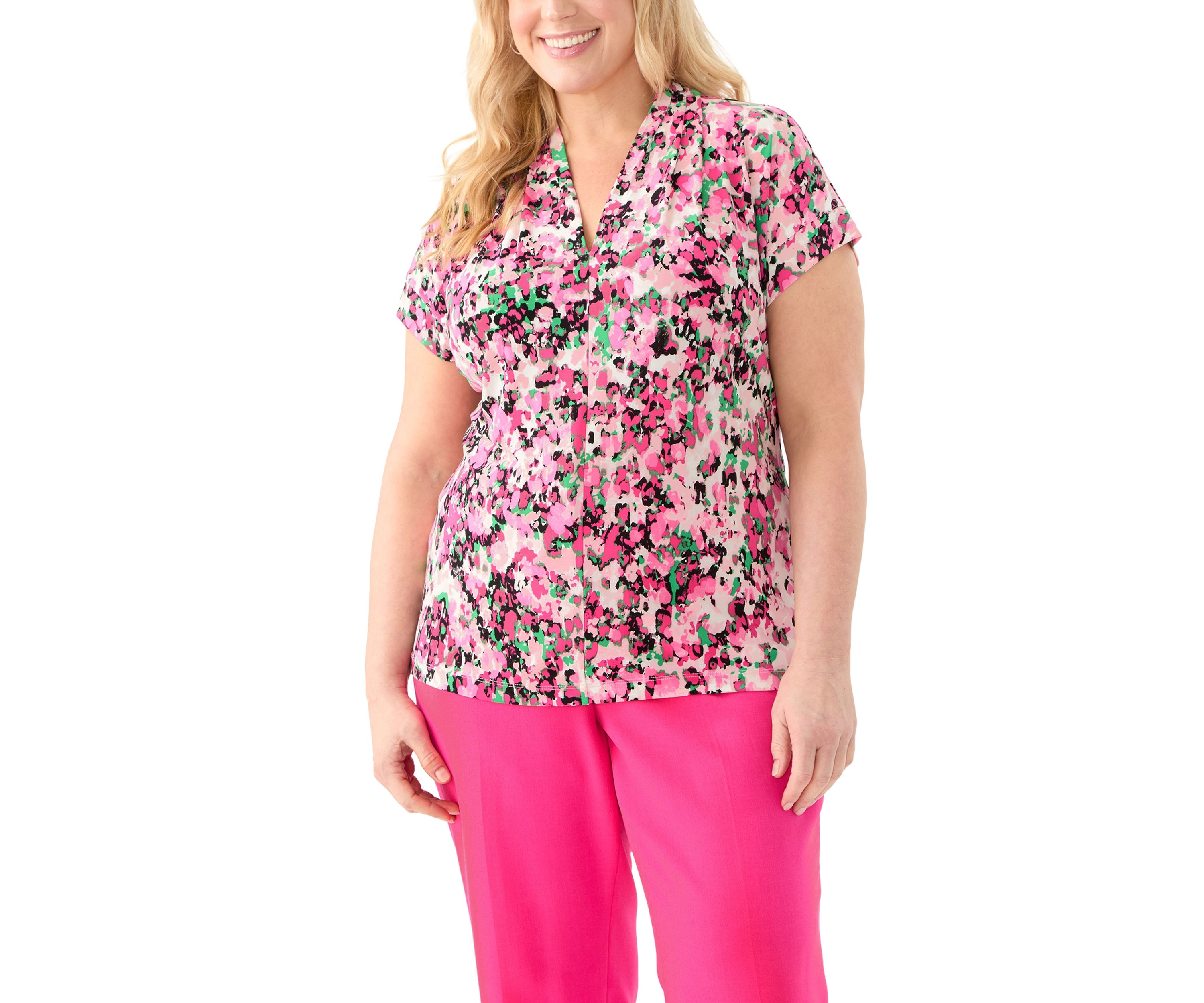 Plus Size Multi Print V-Neck Knit Top
