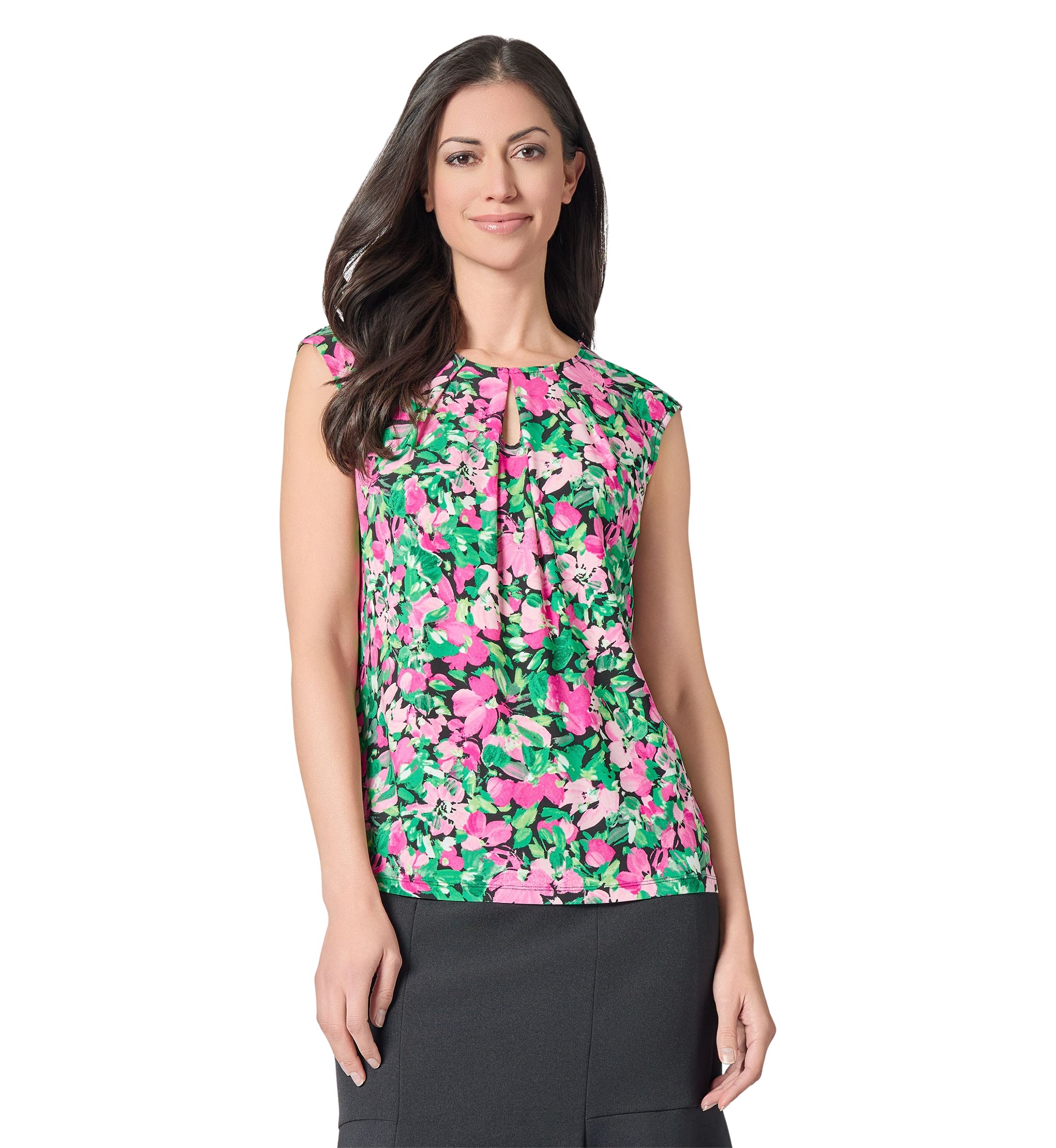 Womens Floral Printed Cap Sleeve Keyhole Neck Knit Top