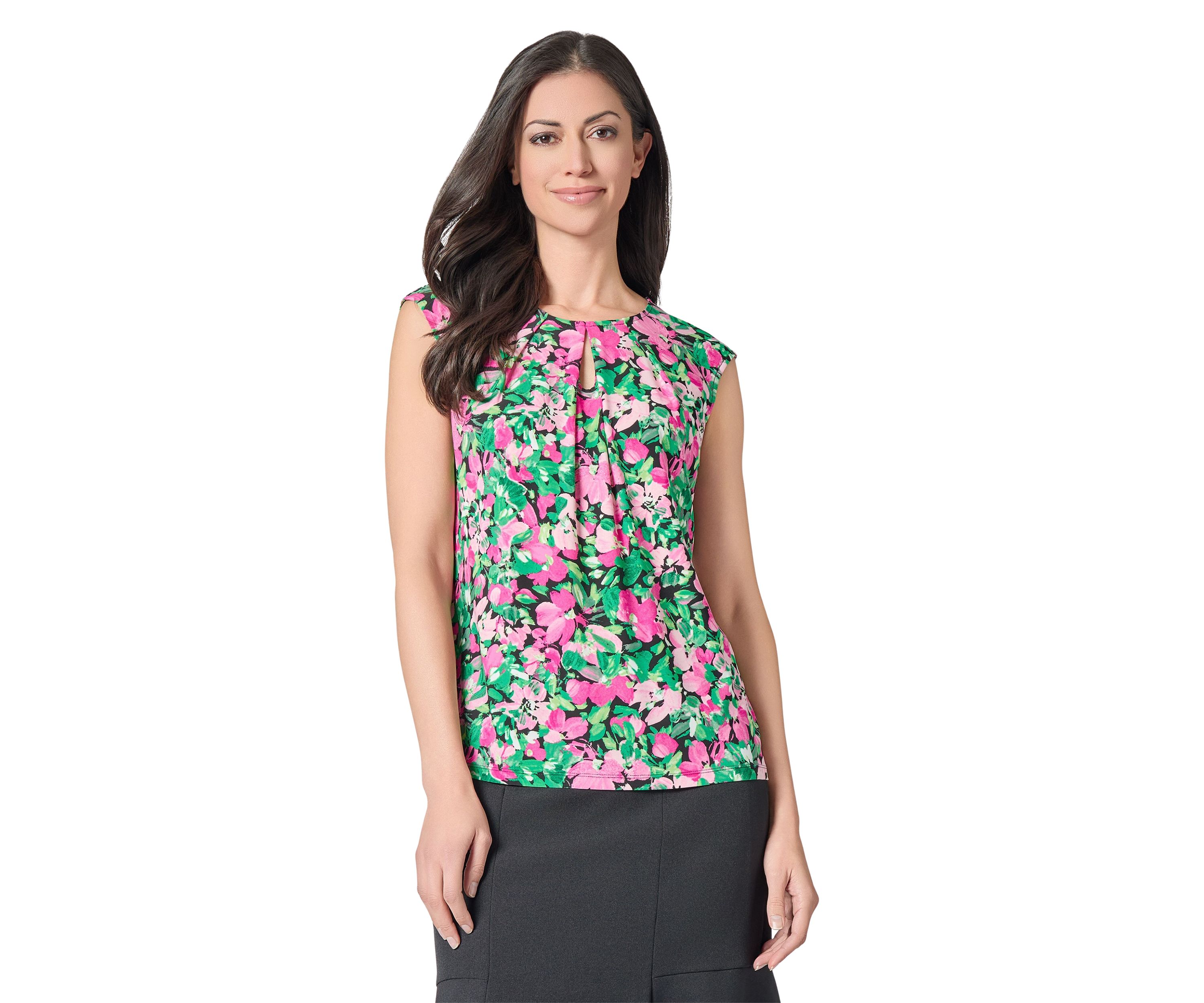 Womens Floral Printed Cap Sleeve Keyhole Neck Knit Top