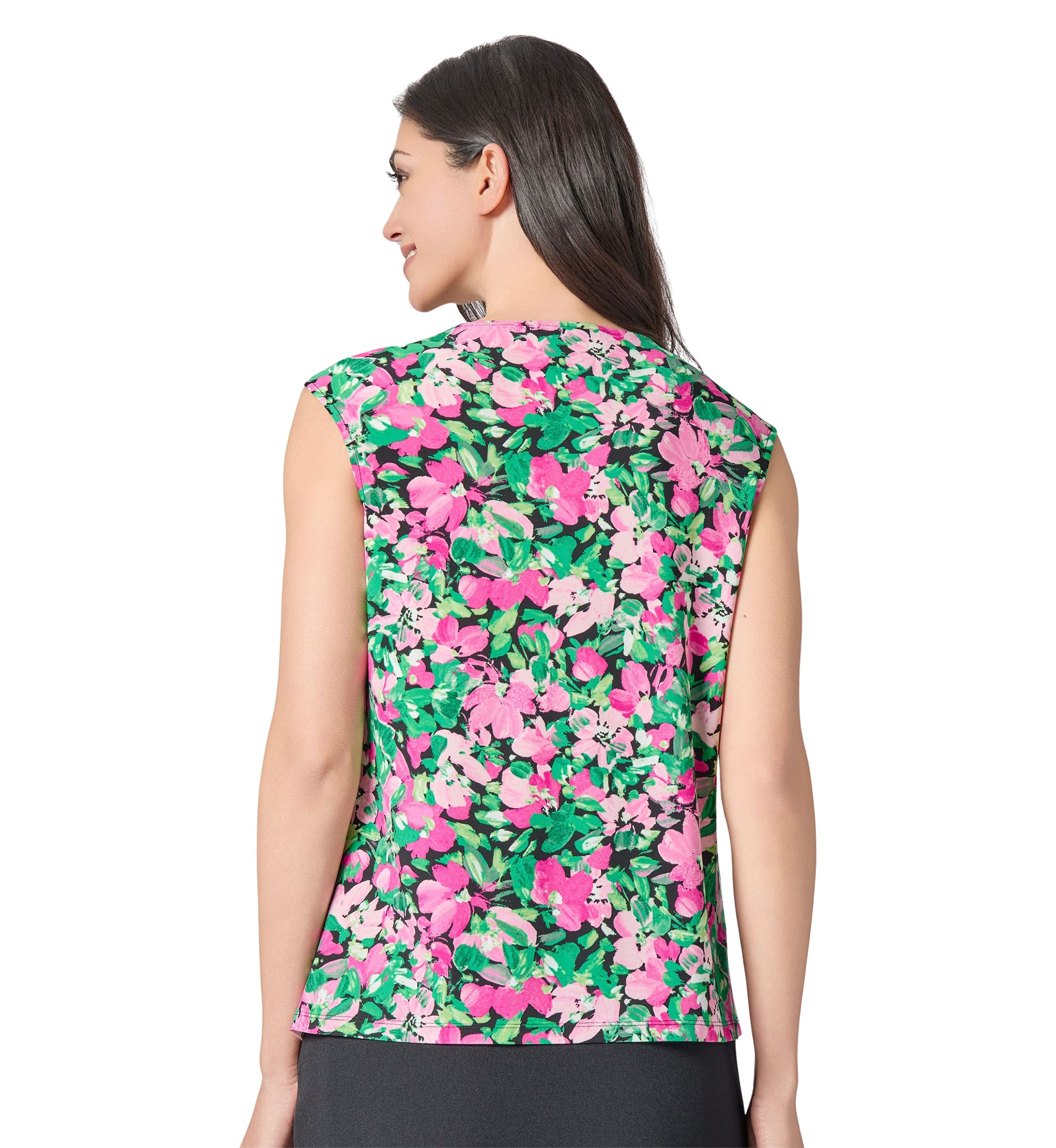 Womens Floral Printed Cap Sleeve Keyhole Neck Knit Top