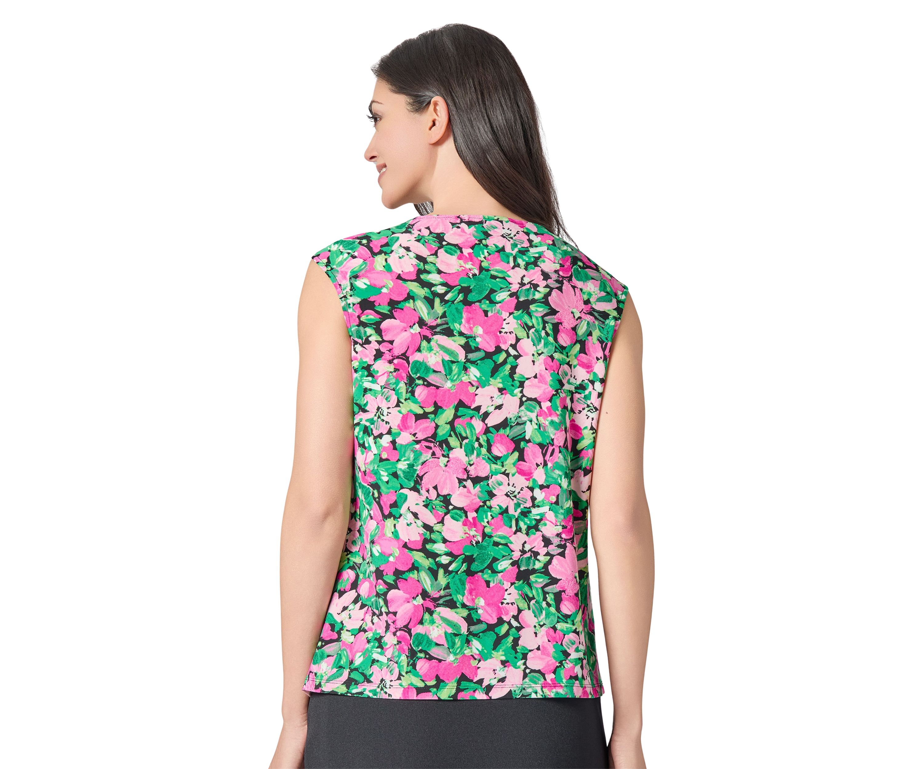 Womens Floral Printed Cap Sleeve Keyhole Neck Knit Top