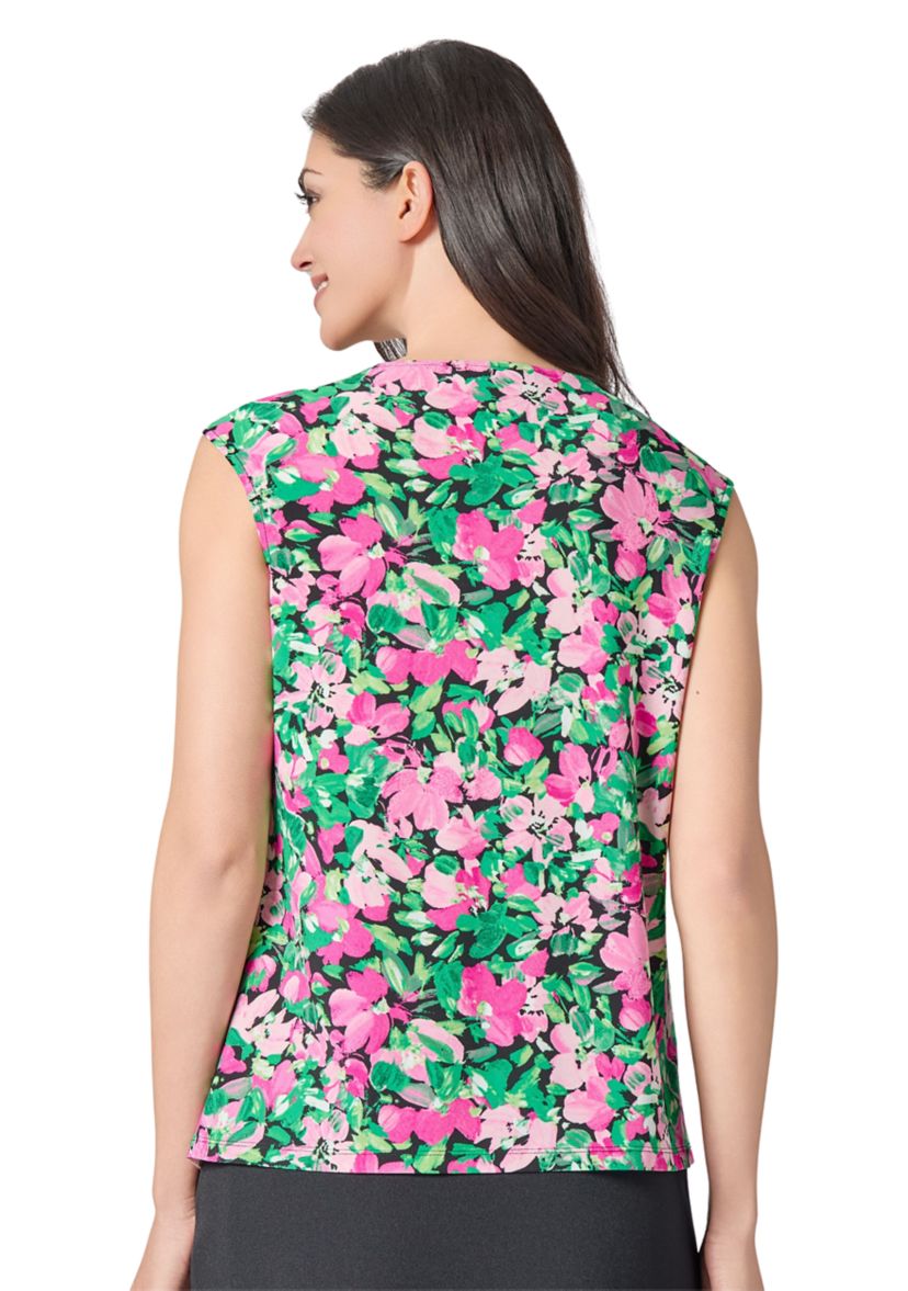 Womens Floral Printed Cap Sleeve Keyhole Neck Knit Top