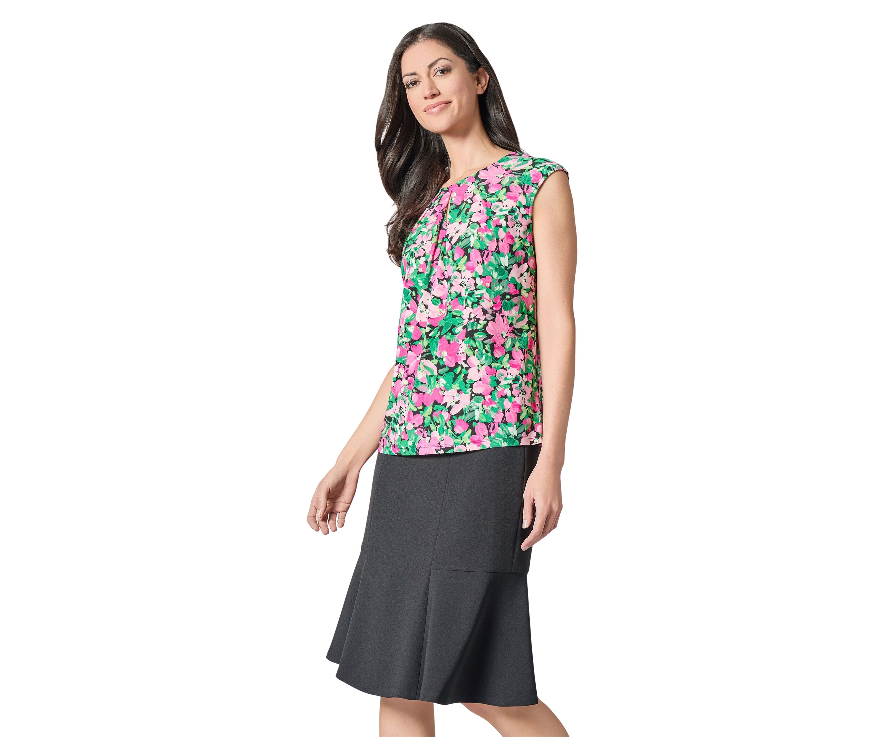 Womens Floral Printed Cap Sleeve Keyhole Neck Knit Top