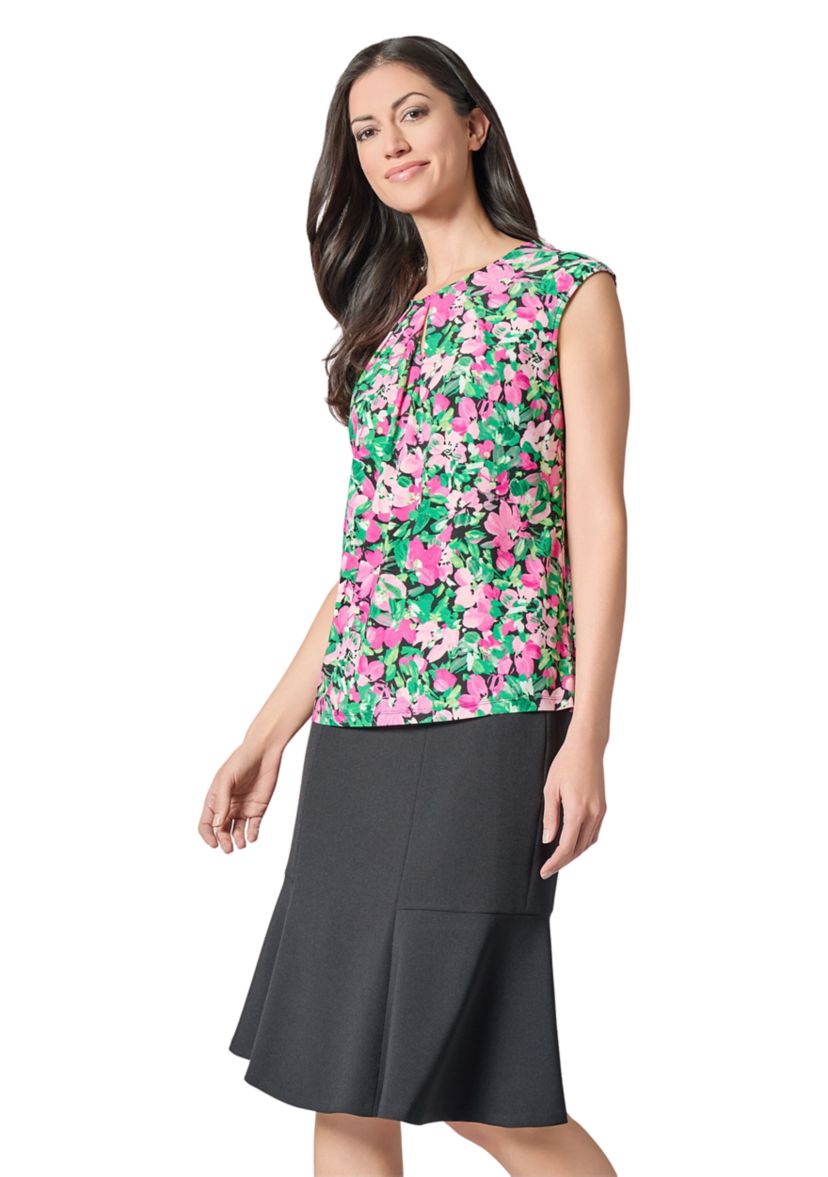 Womens Floral Printed Cap Sleeve Keyhole Neck Knit Top