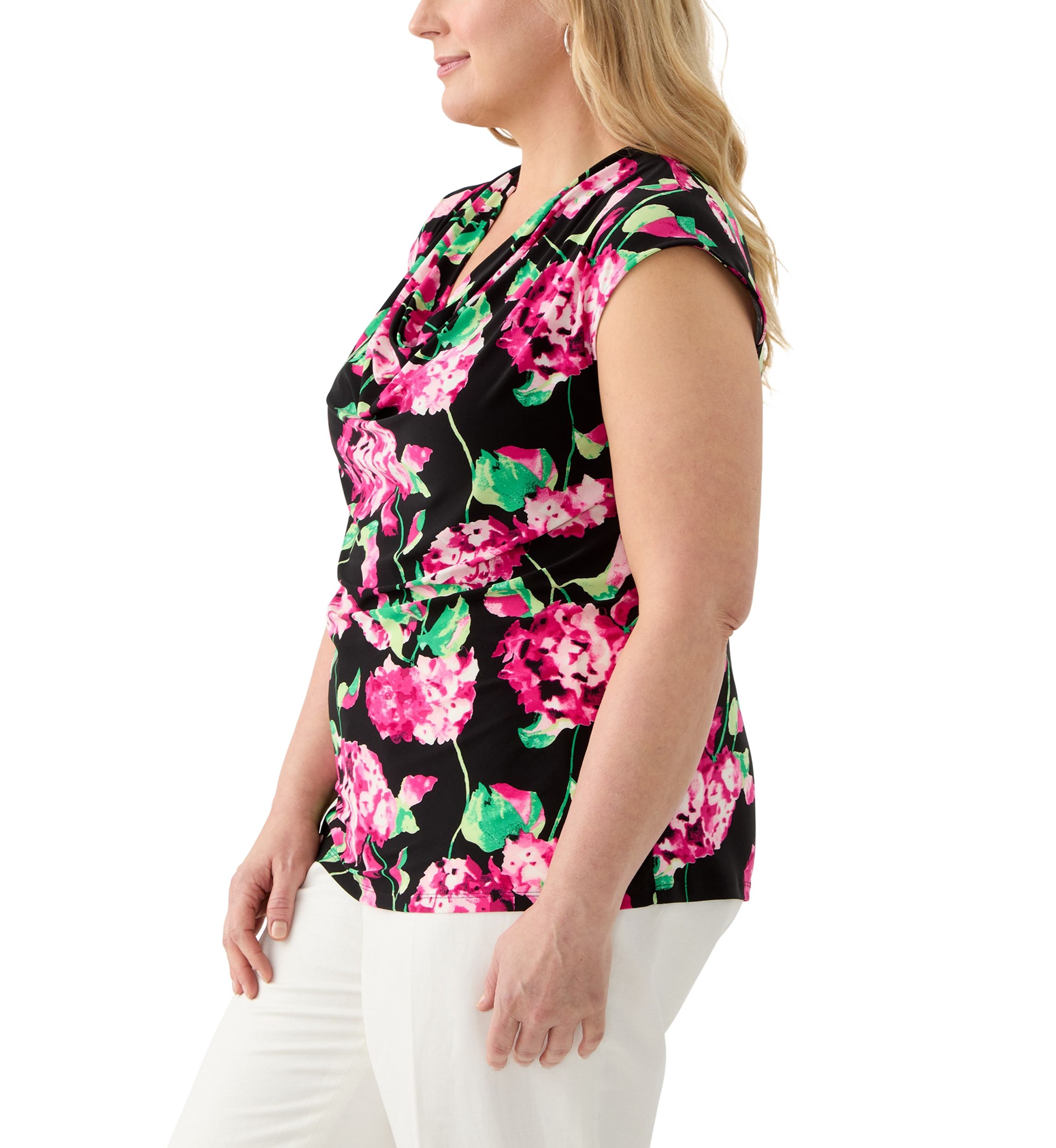 Plus Size Hydrangea Print Cowl Neck Knit Top