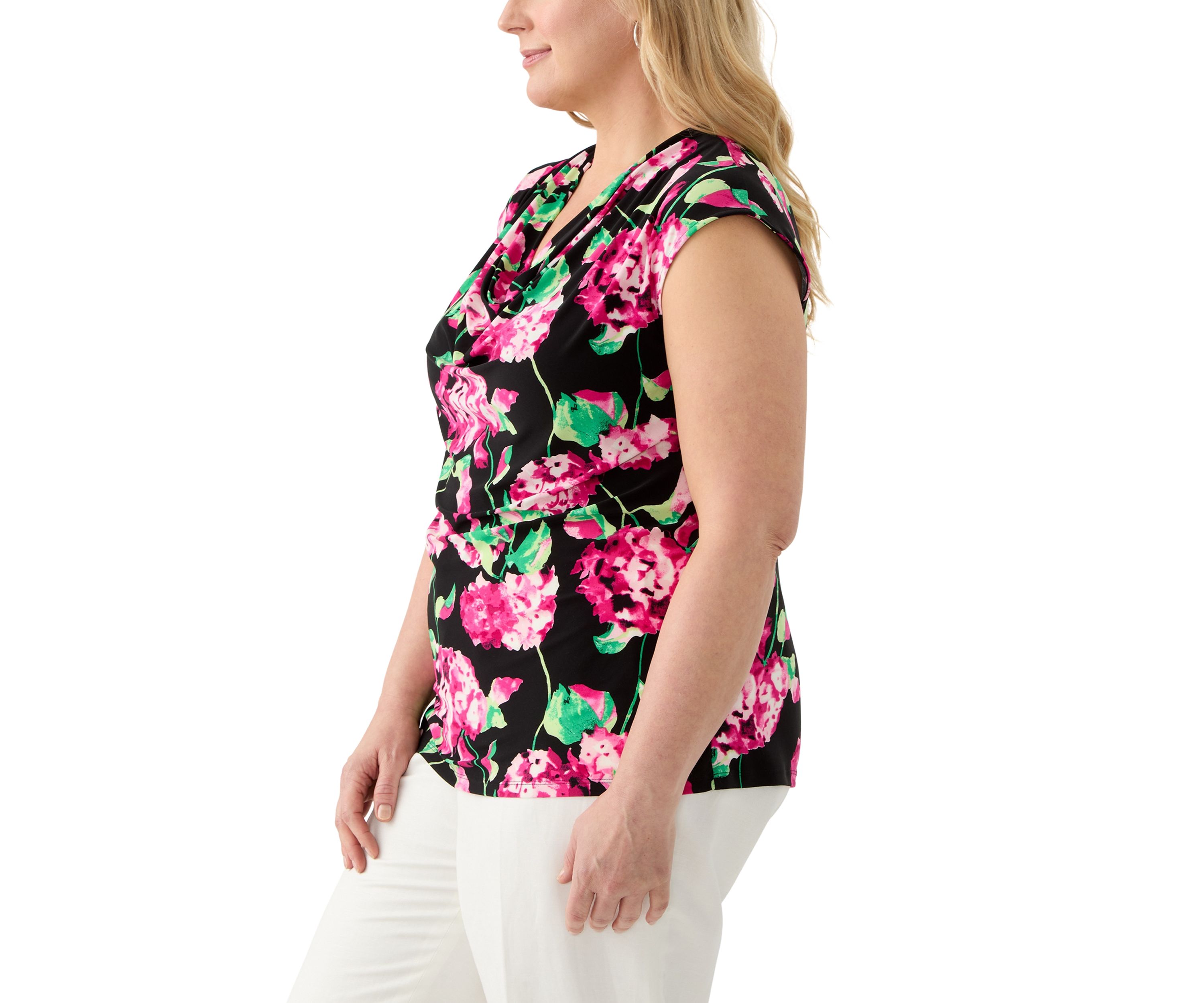 Plus Size Hydrangea Print Cowl Neck Knit Top