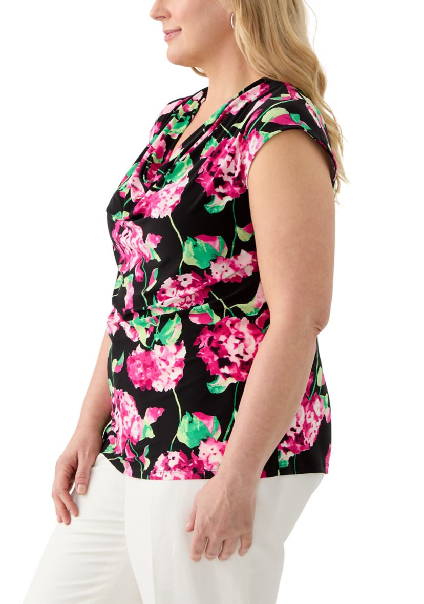 Plus Size Hydrangea Print Cowl Neck Knit Top