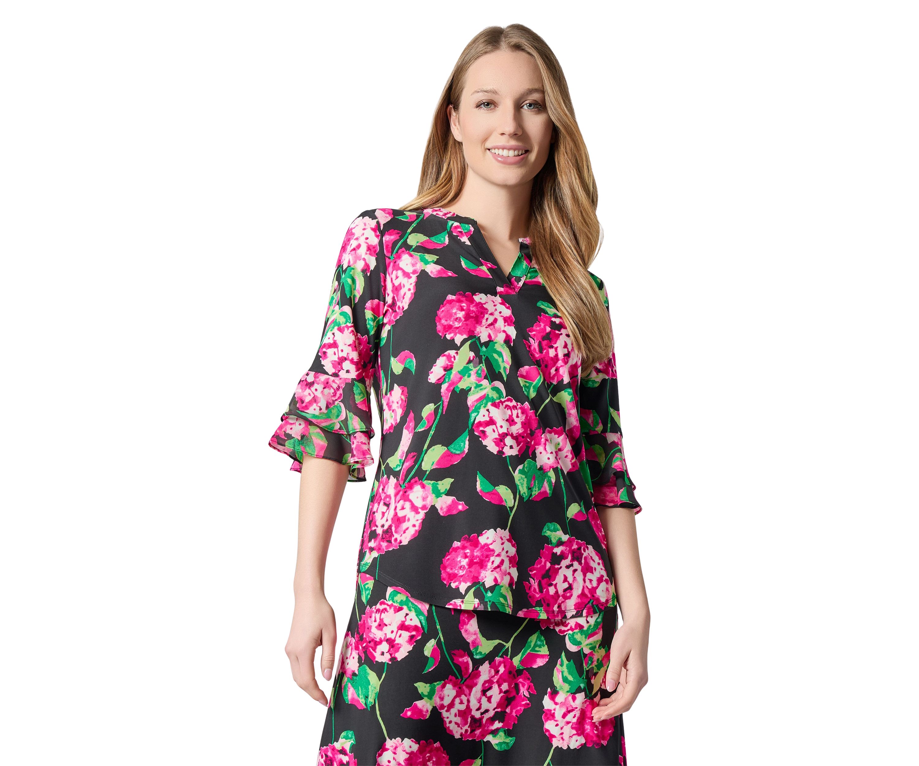 Womens Hydrangea Print Flutter Sleeve Knit Top