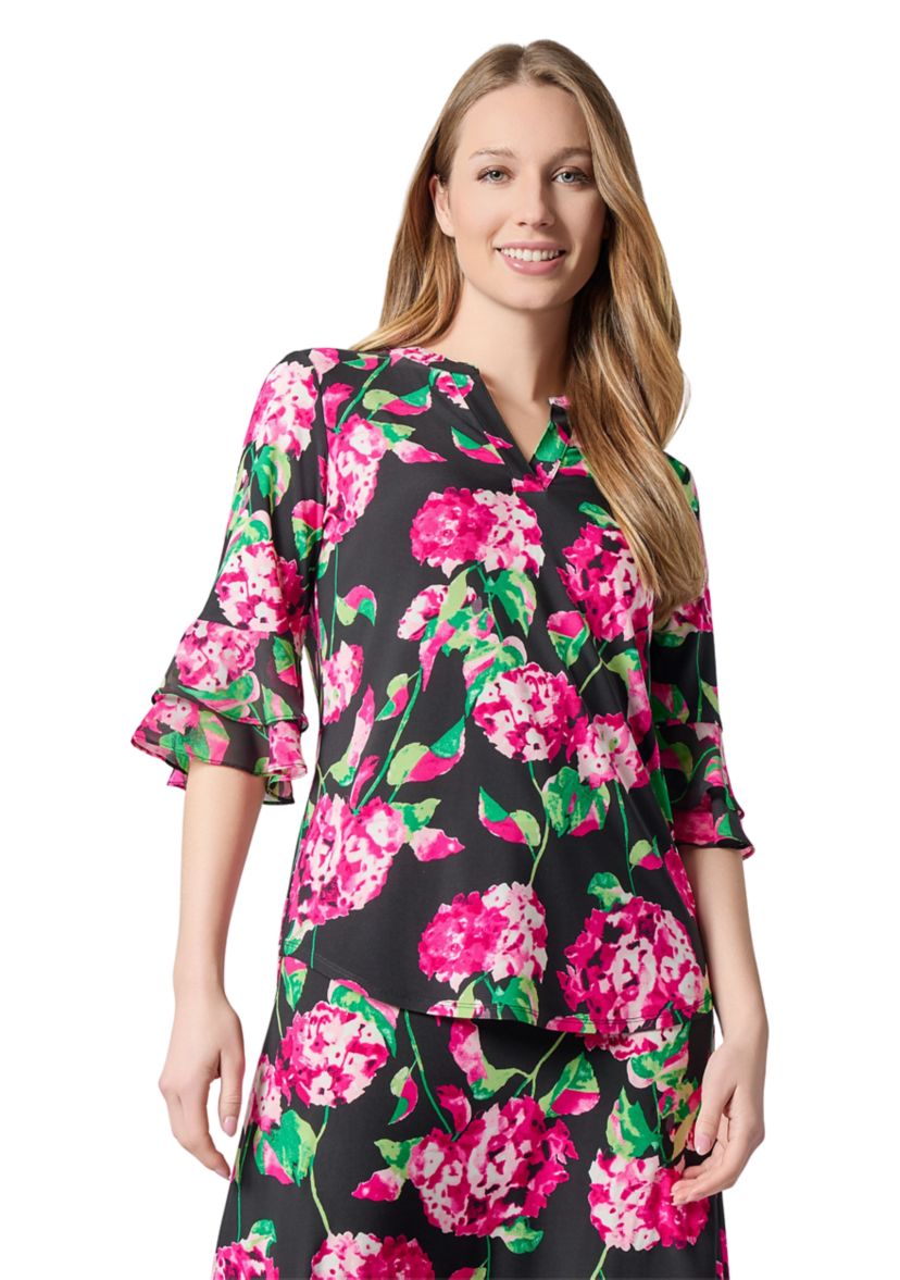 Womens Hydrangea Print Flutter Sleeve Knit Top