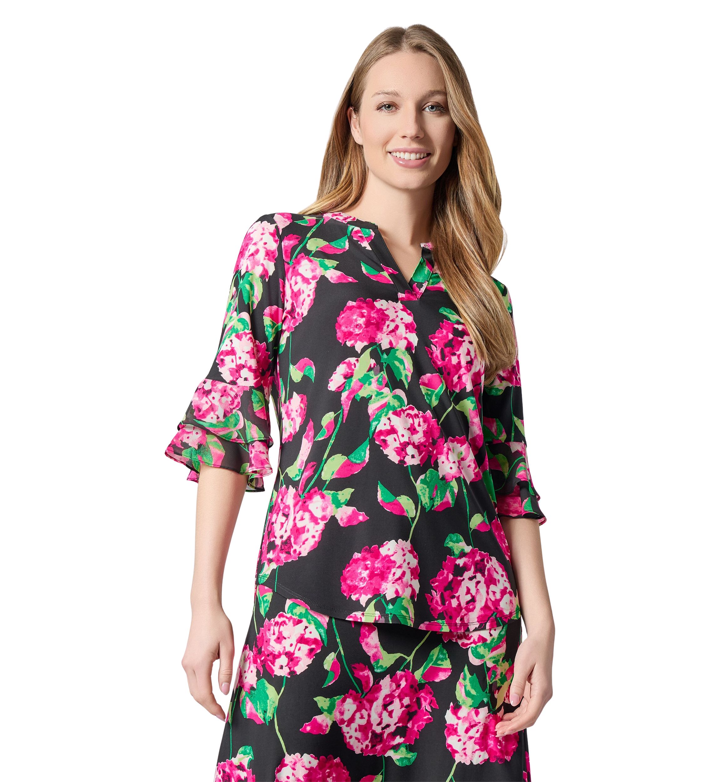 Petite Hydrangea Print Flutter Sleeve Knit Top