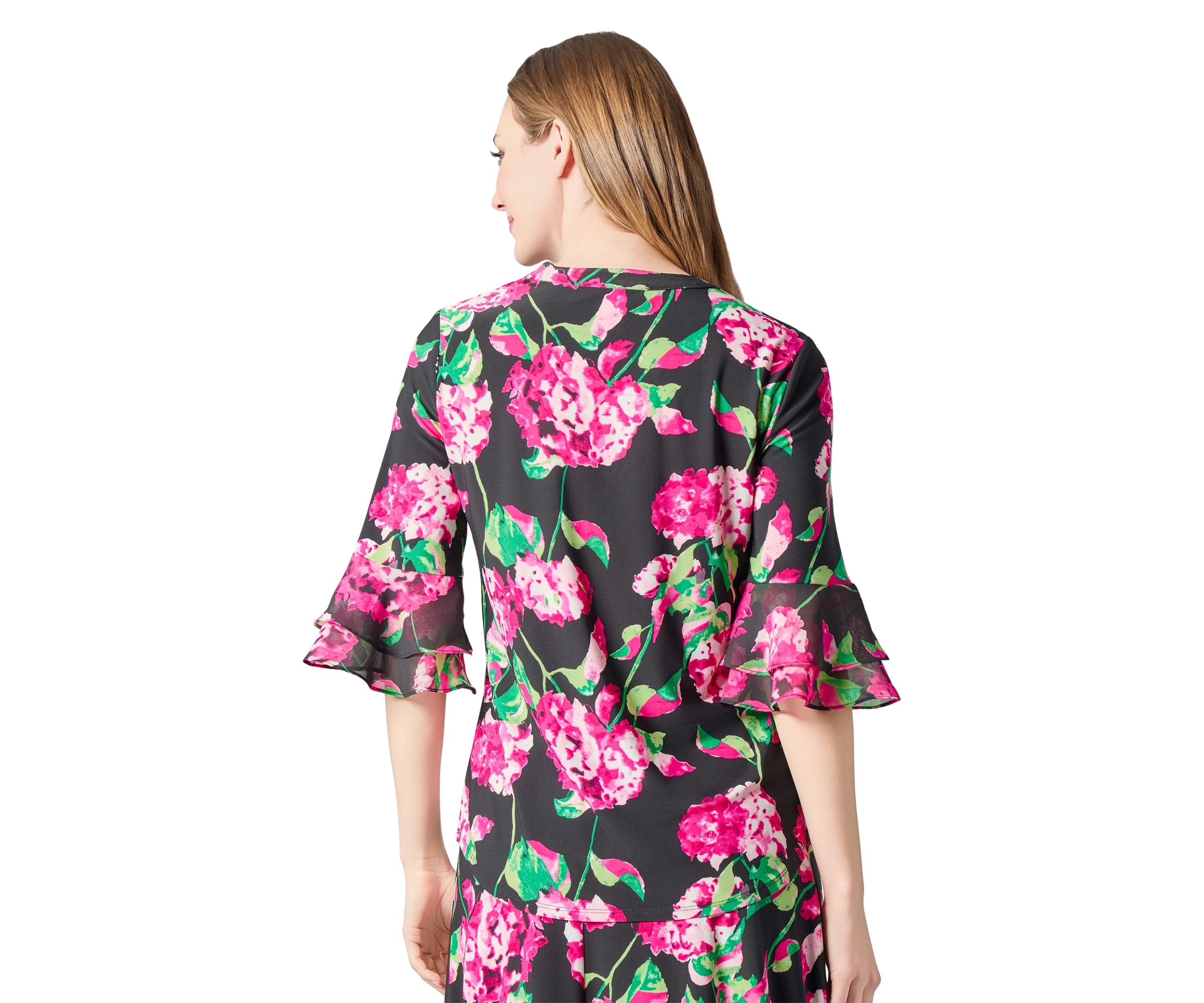 Petite Hydrangea Print Flutter Sleeve Knit Top