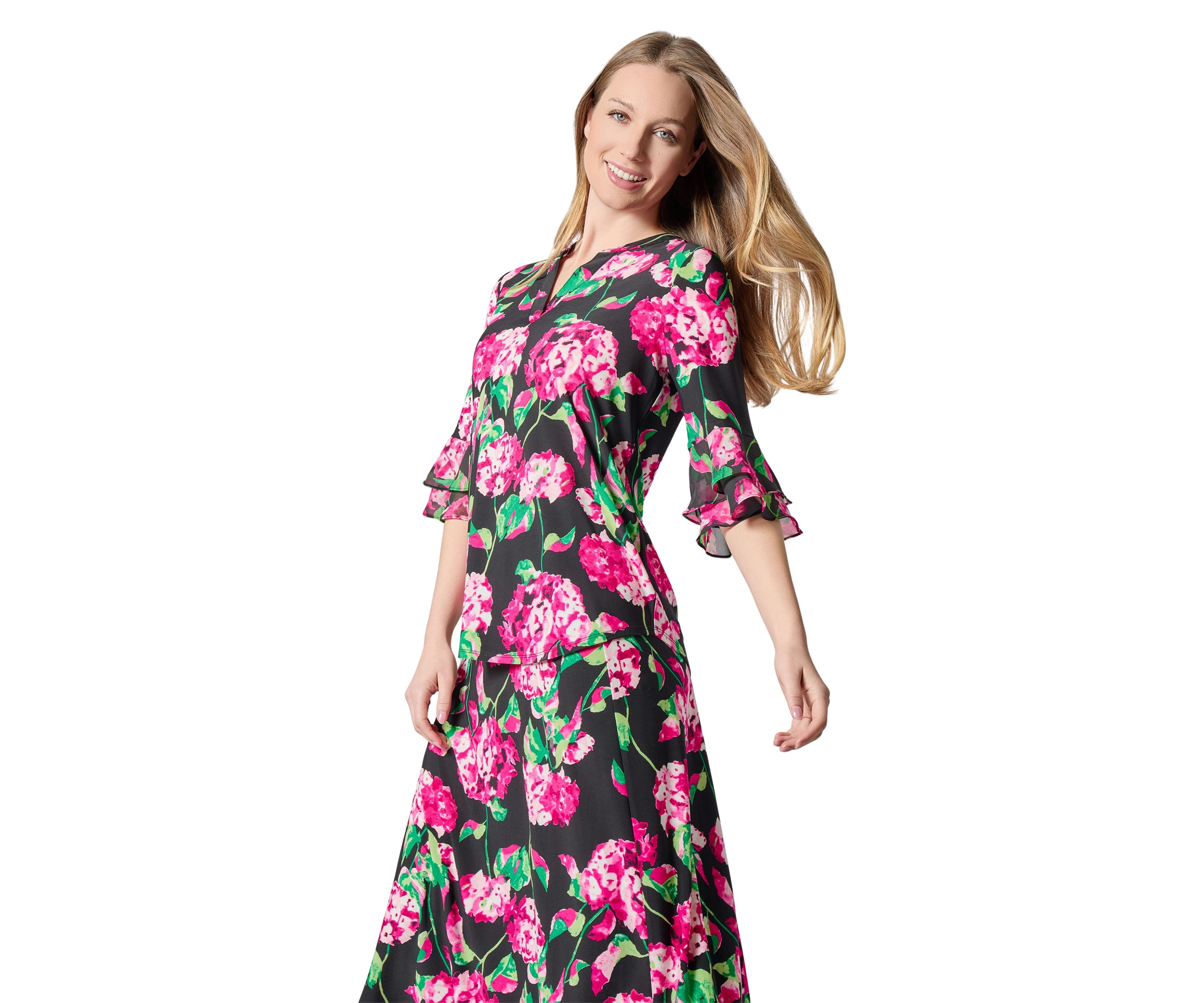 Petite Hydrangea Print Flutter Sleeve Knit Top