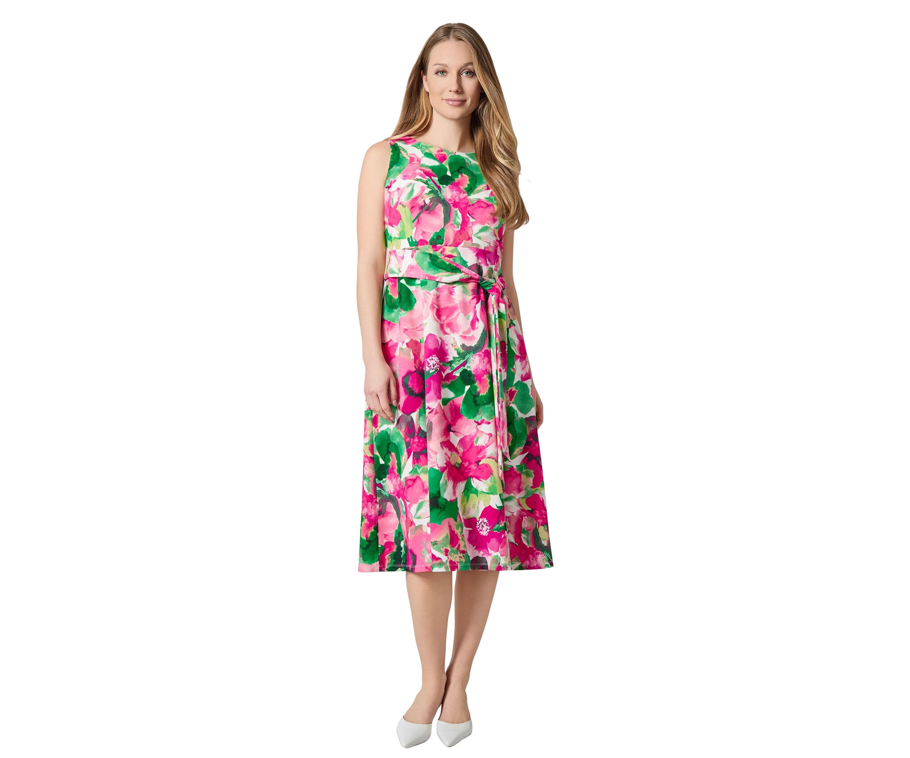 Womens Watercolor Floral Printed Scuba Crepe Fit and Flare Dress