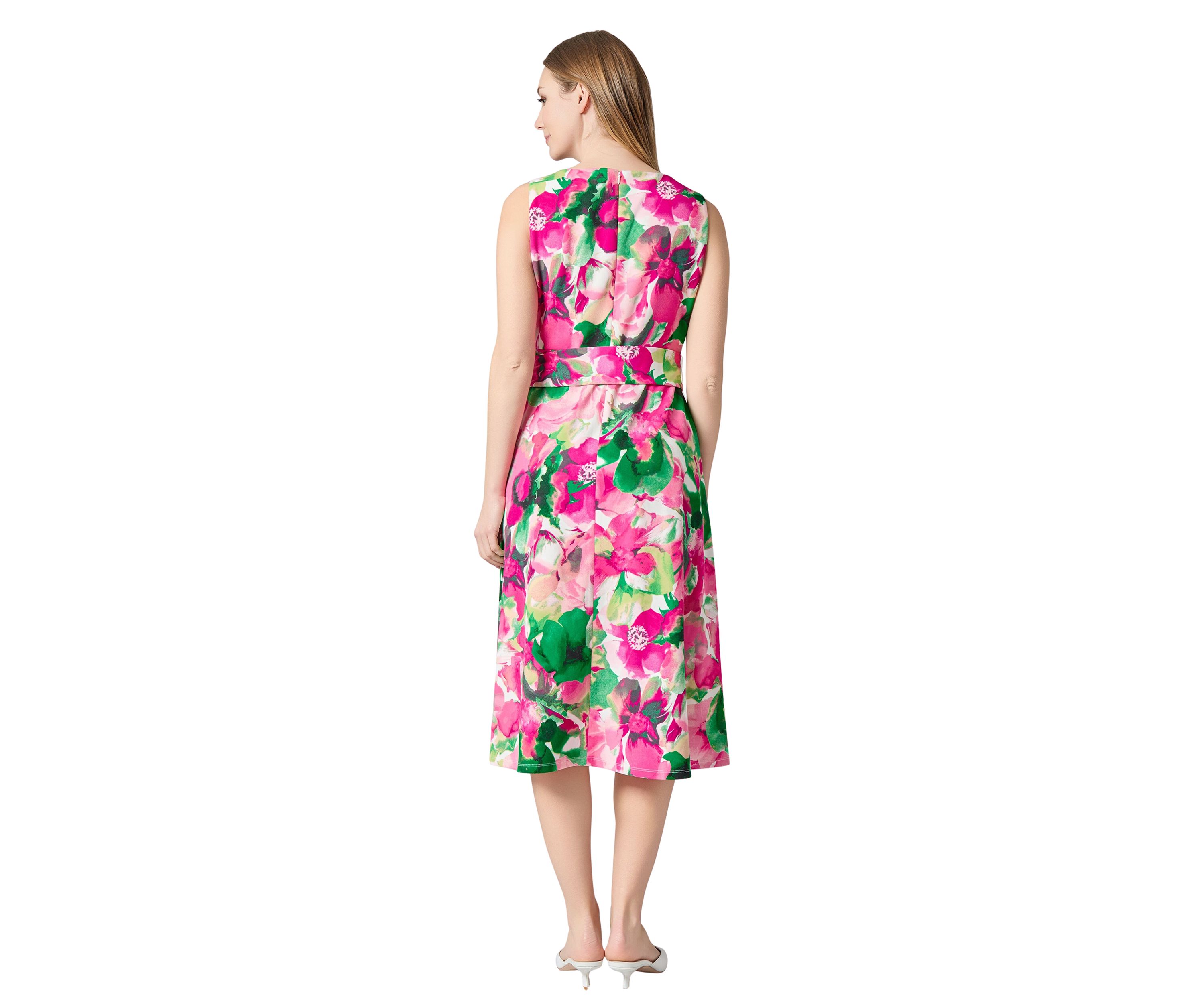 Womens Watercolor Floral Printed Scuba Crepe Fit and Flare Dress