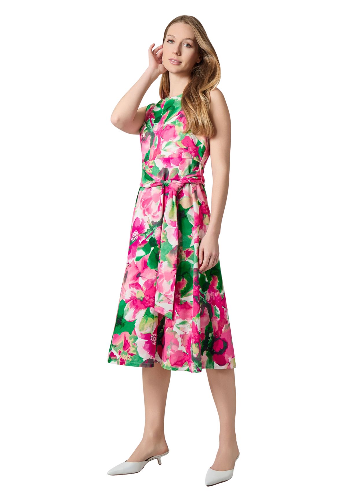 Womens Watercolor Floral Printed Scuba Crepe Fit and Flare Dress