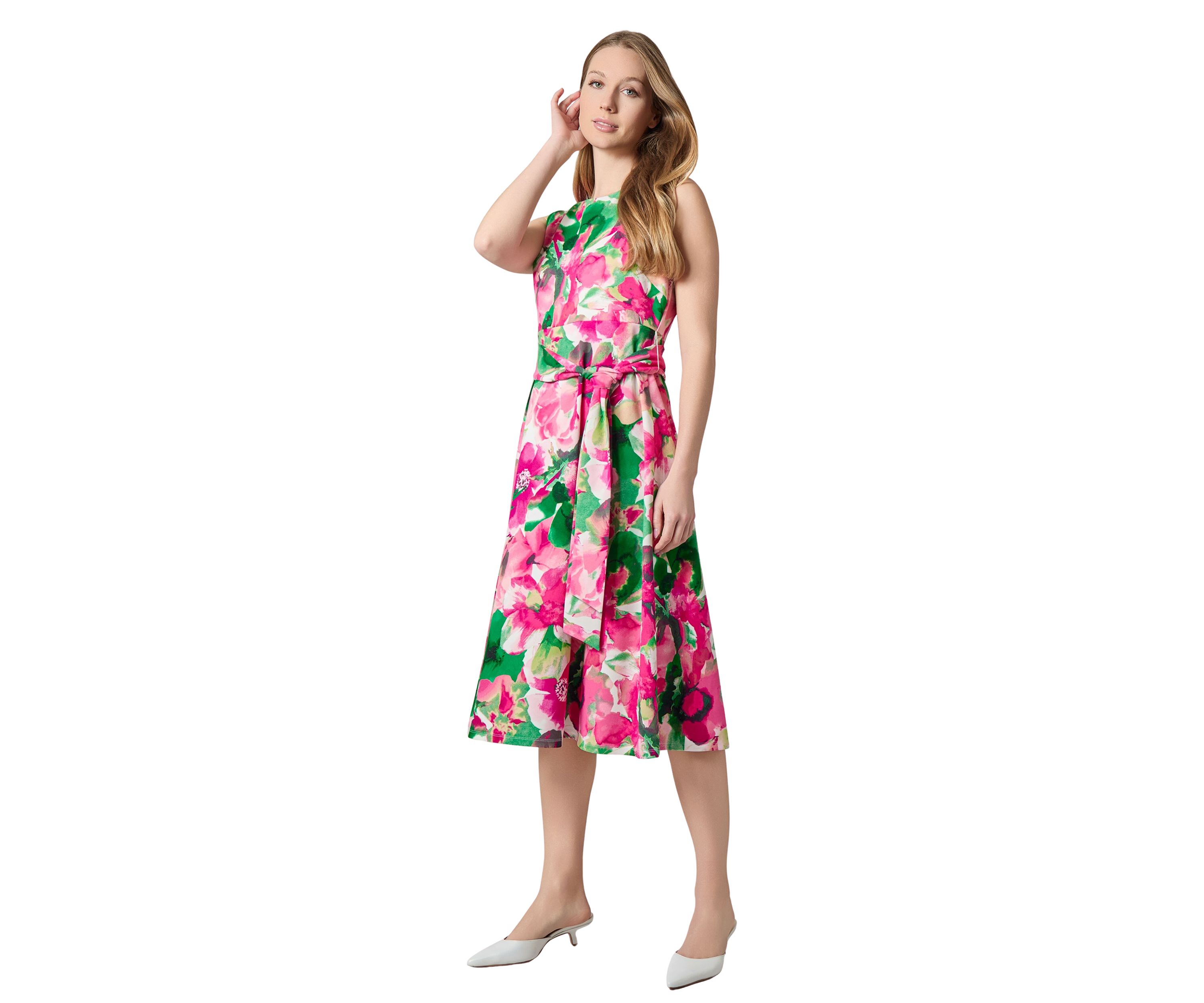Womens Watercolor Floral Printed Scuba Crepe Fit and Flare Dress