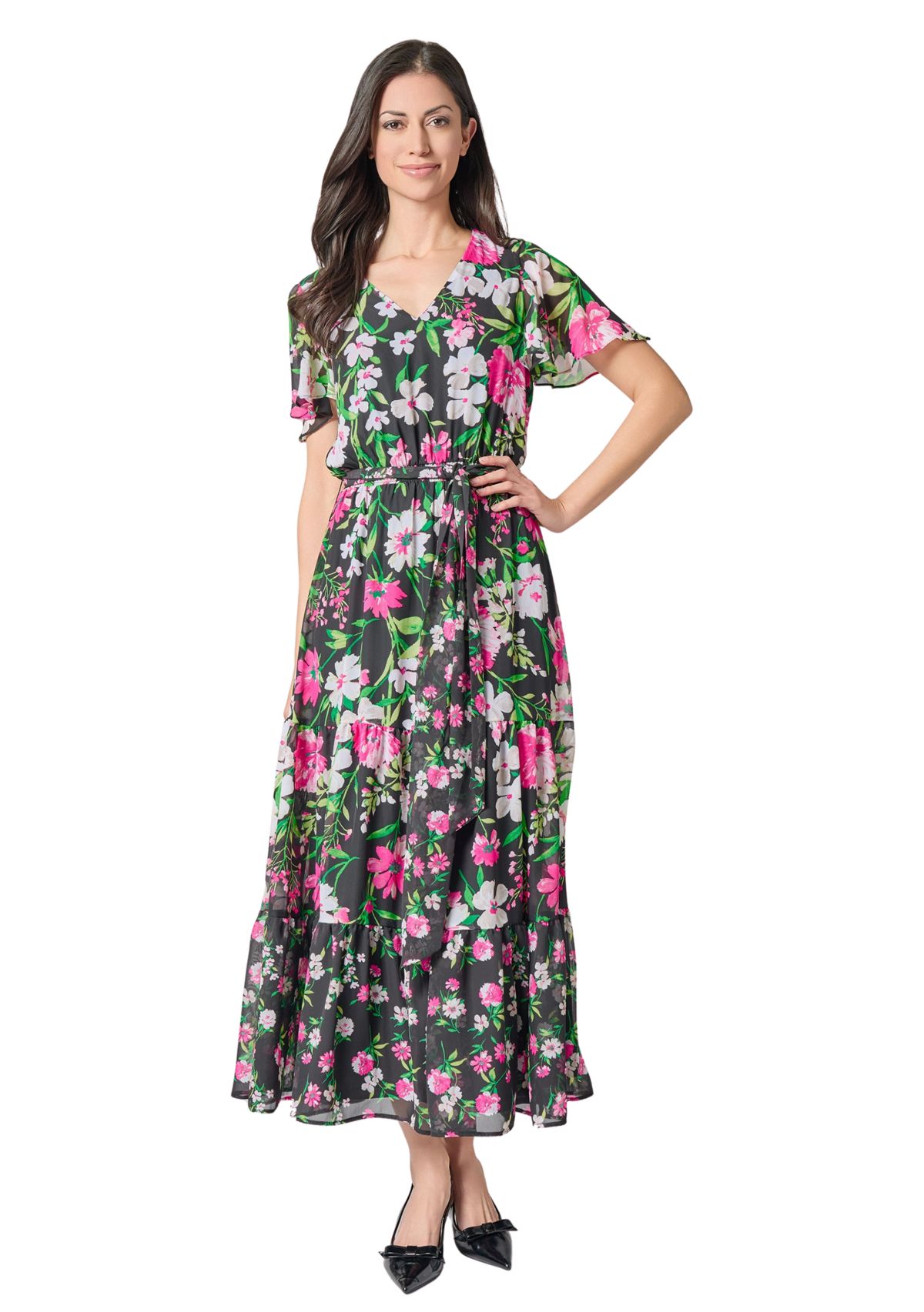 Womens Multi Floral Printed Tiered Flutter Sleeve Dress