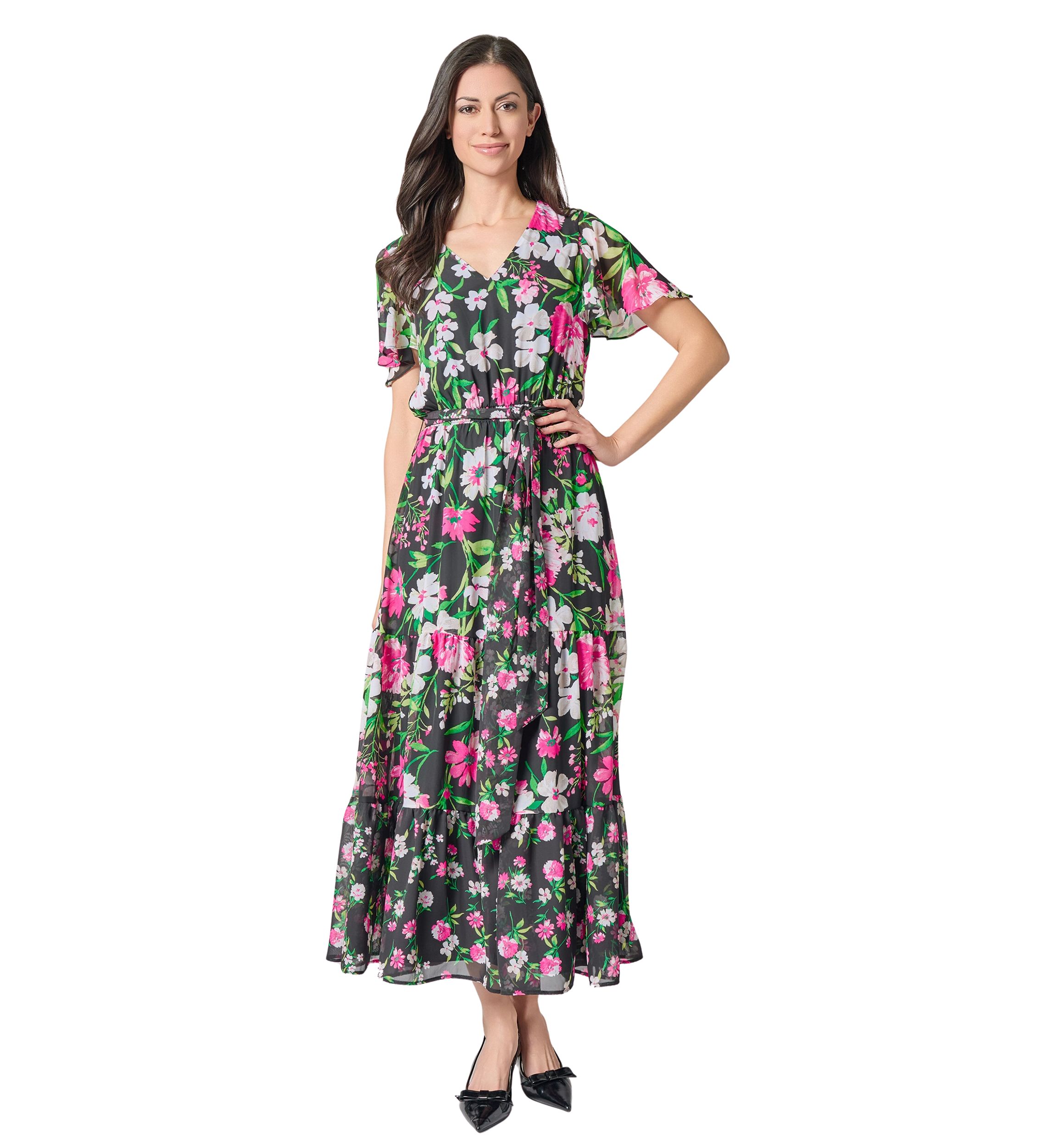 Womens Multi Floral Printed Tiered Flutter Sleeve Dress
