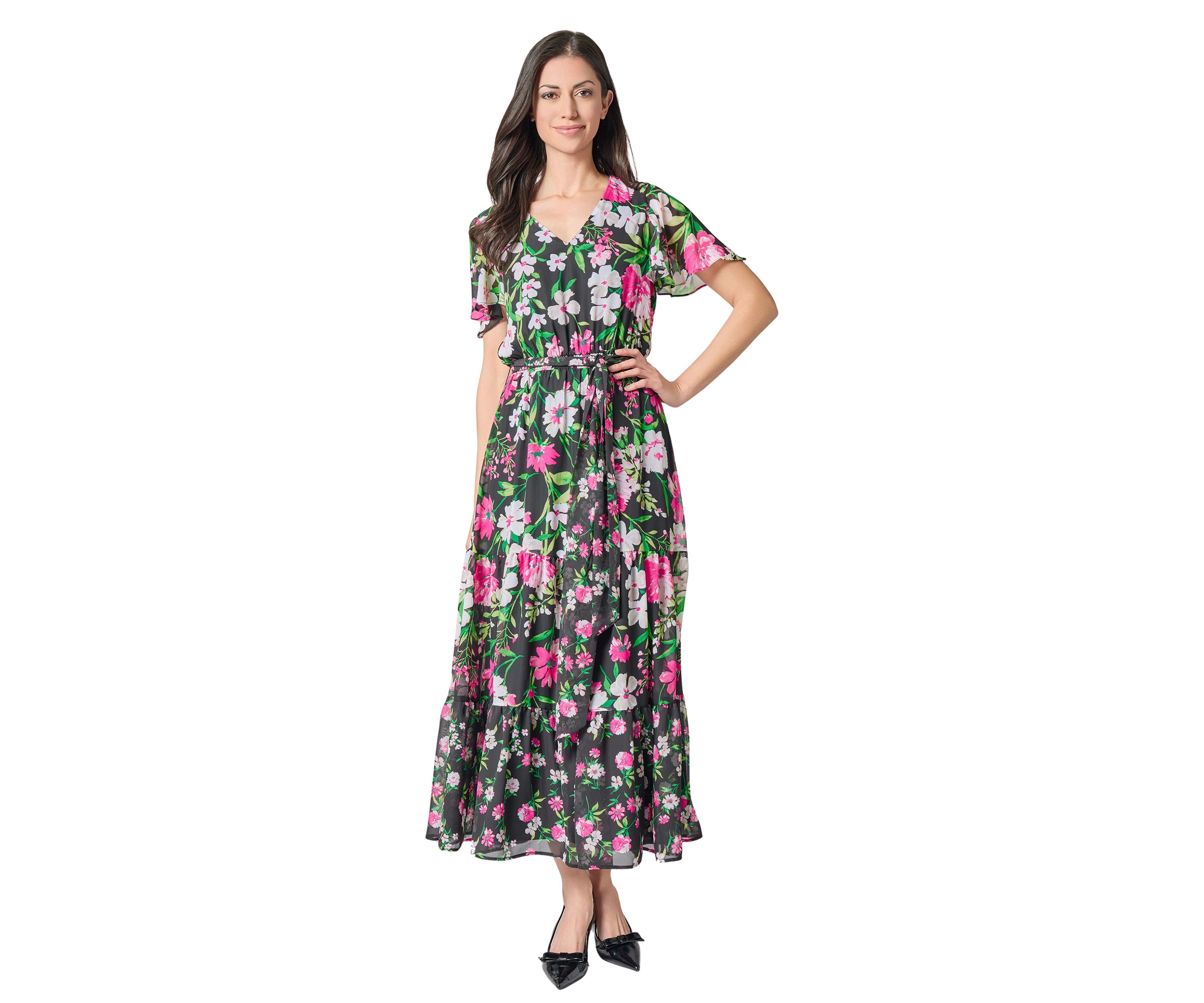 Womens Multi Floral Printed Tiered Flutter Sleeve Dress