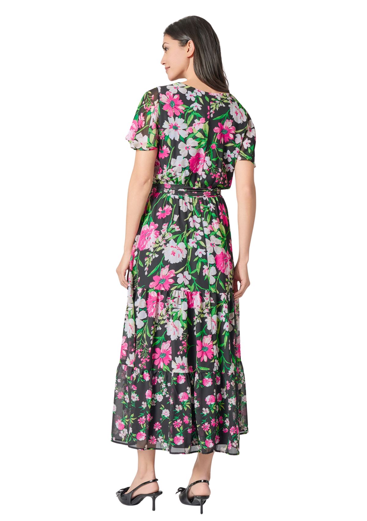 Womens Multi Floral Printed Tiered Flutter Sleeve Dress