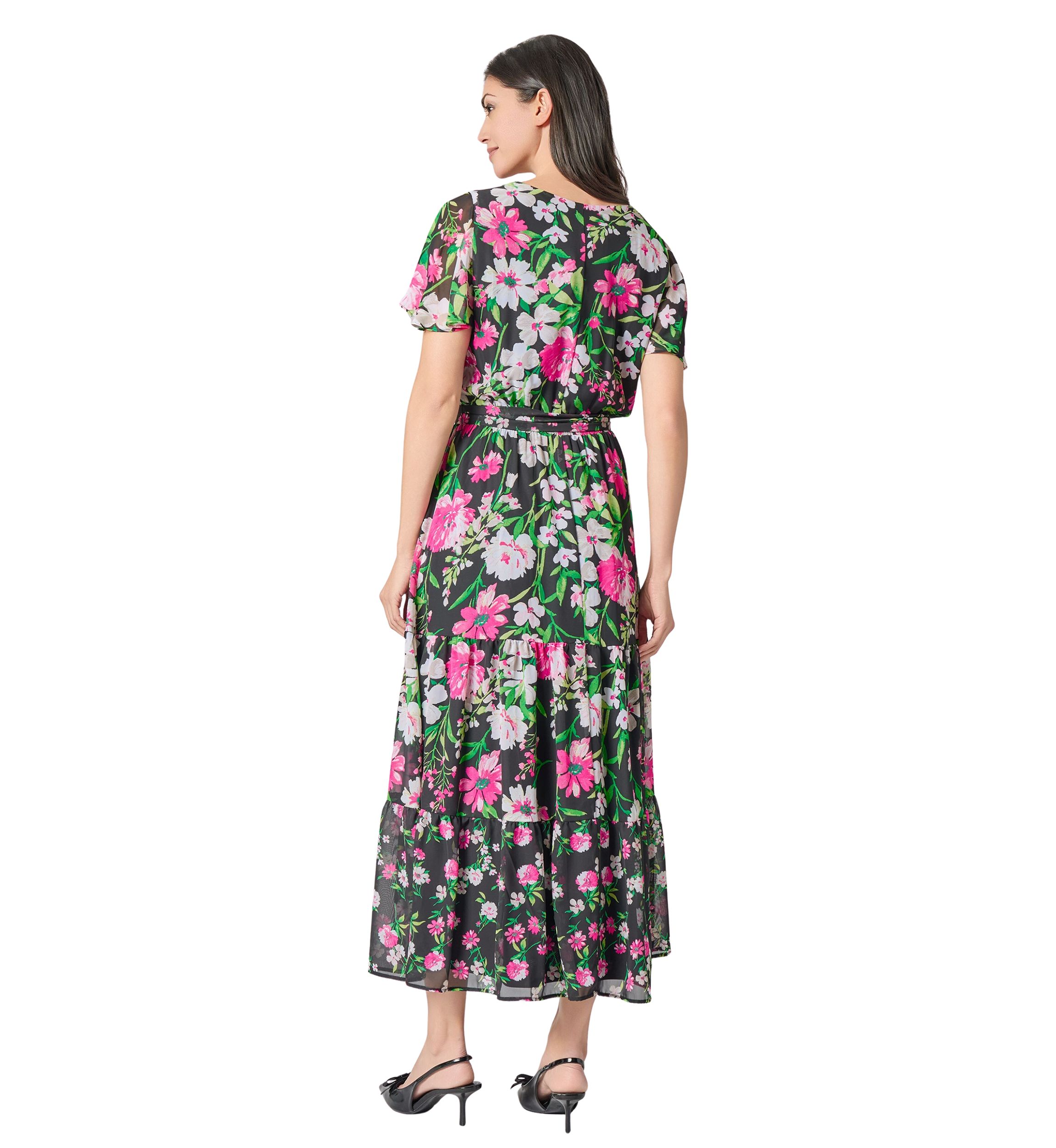 Womens Multi Floral Printed Tiered Flutter Sleeve Dress