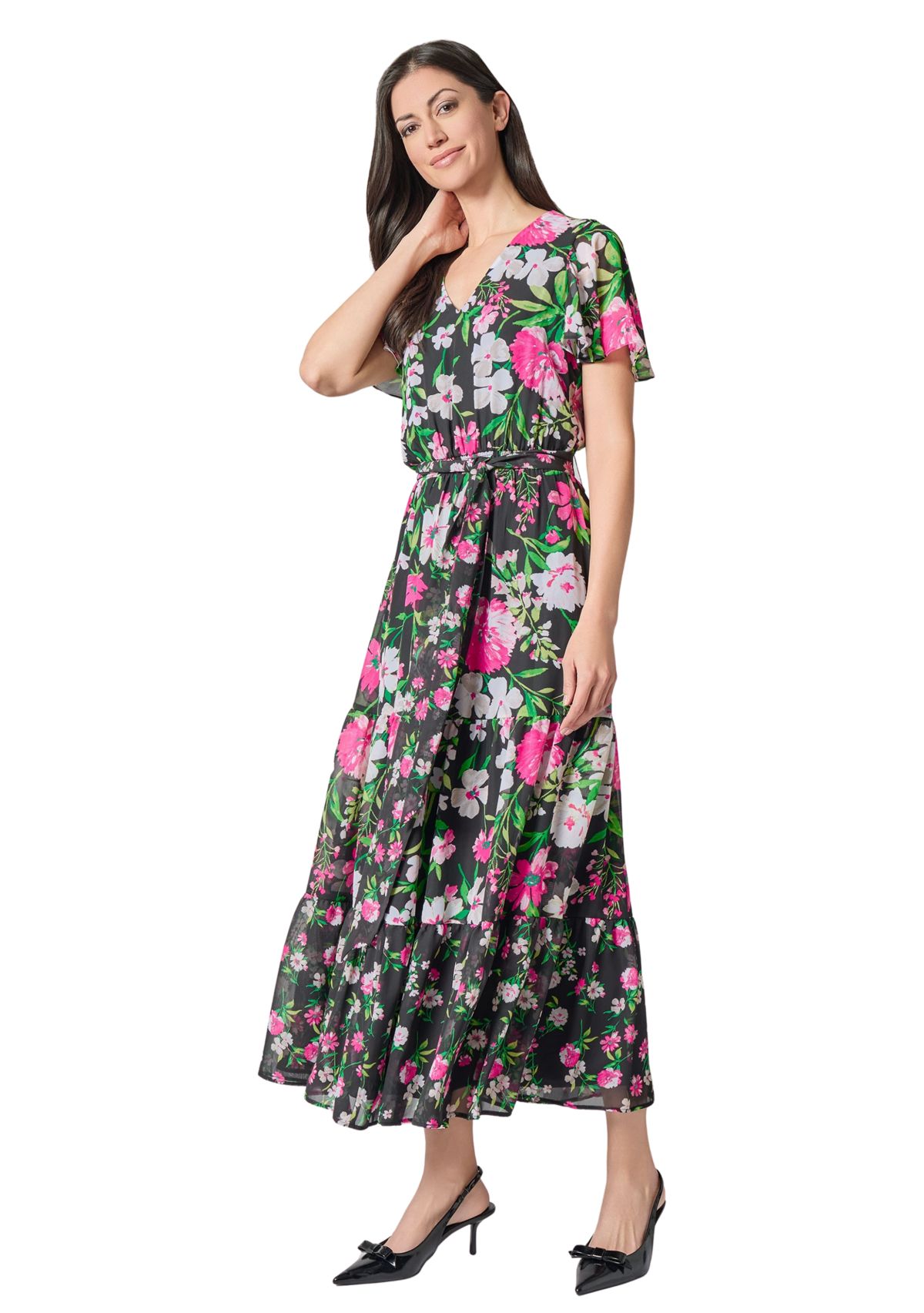 Womens Multi Floral Printed Tiered Flutter Sleeve Dress