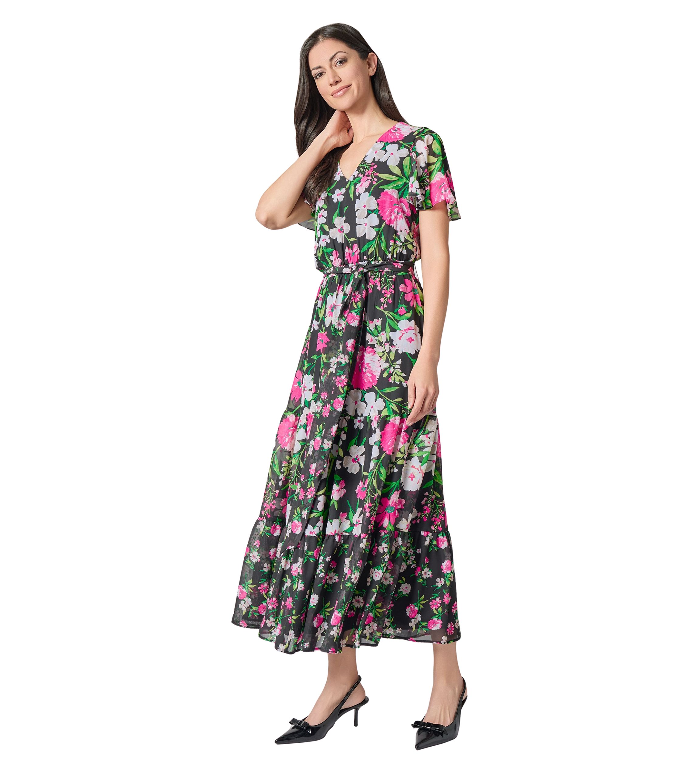 Womens Multi Floral Printed Tiered Flutter Sleeve Dress