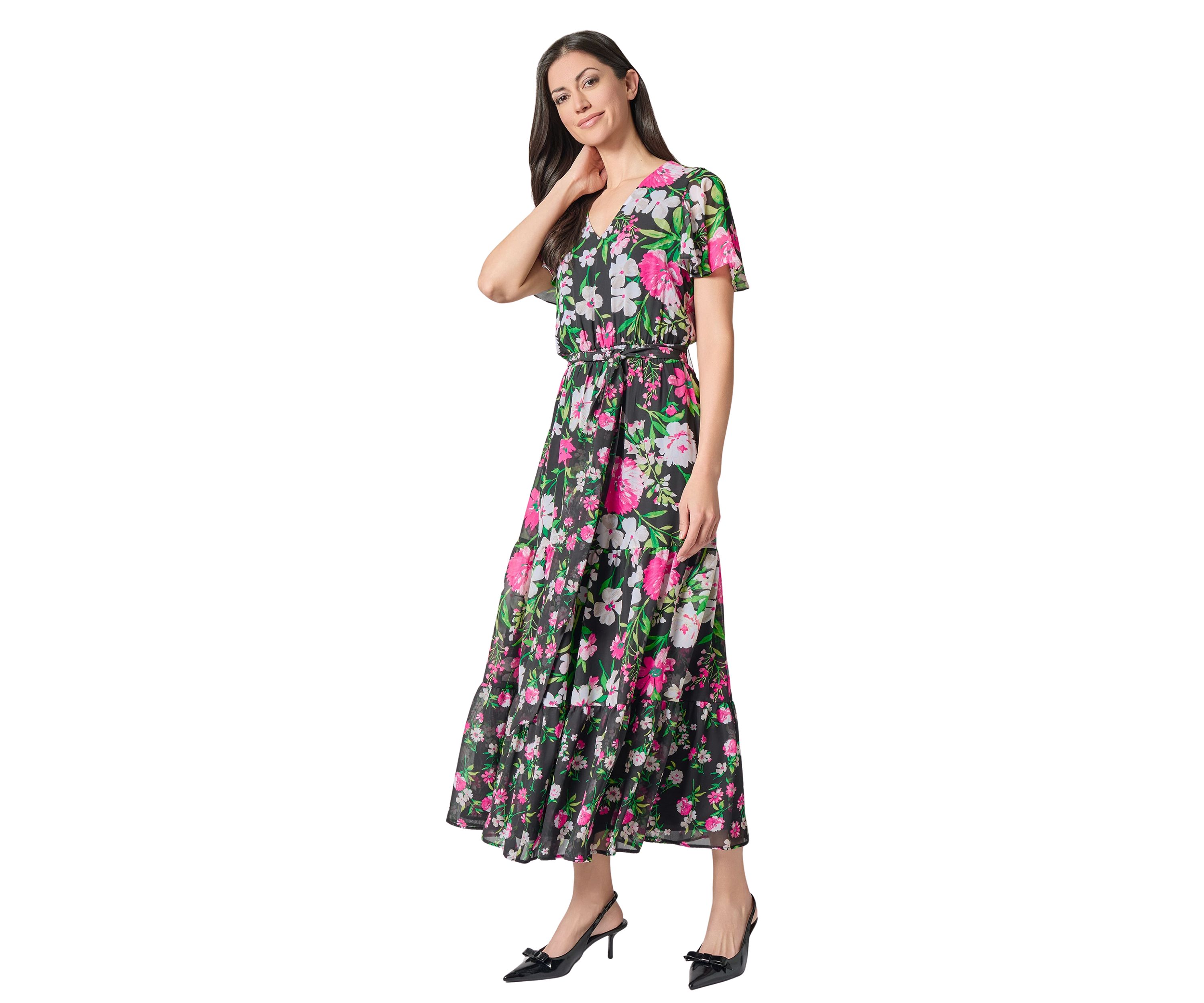 Womens Multi Floral Printed Tiered Flutter Sleeve Dress