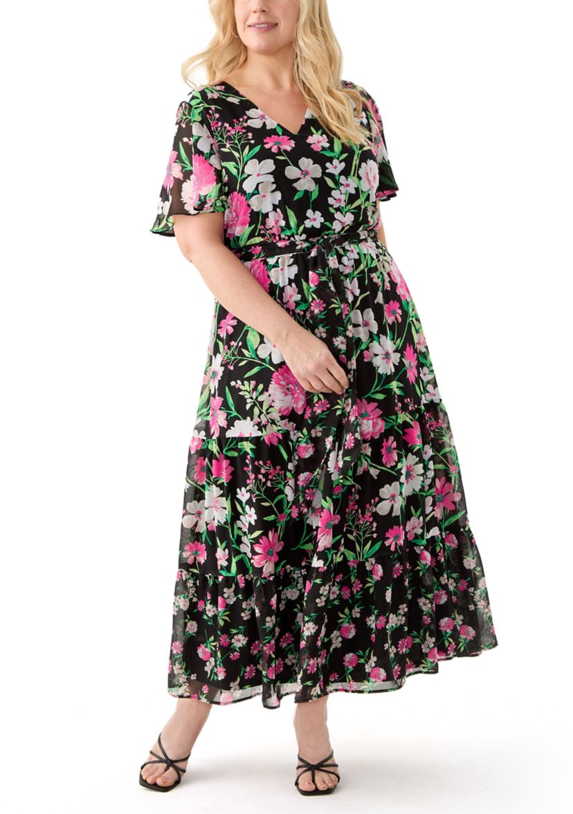 Plus Size Multi Floral Print Tiered Flutter Sleeve Dress