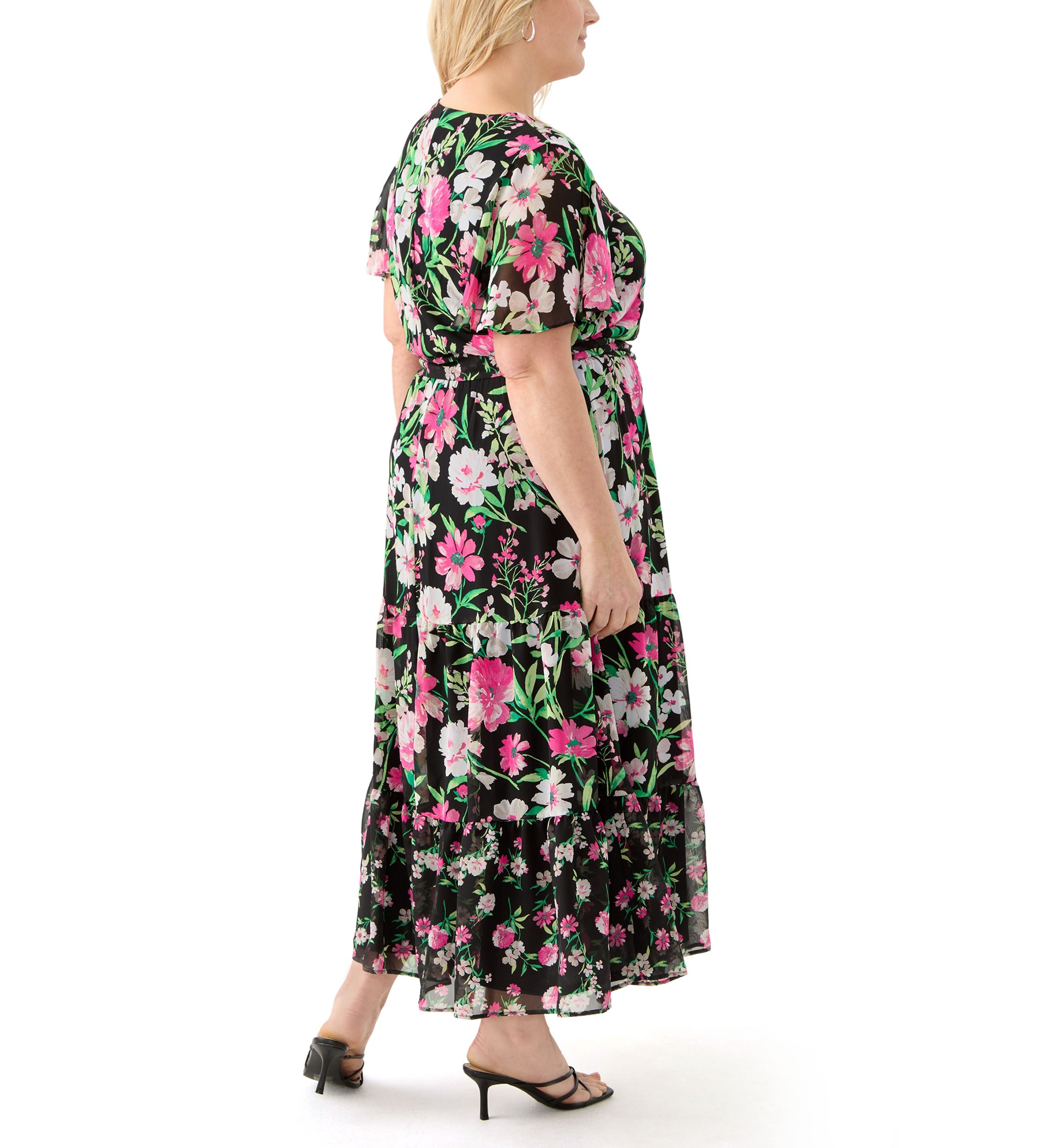 Plus Size Multi Floral Print Tiered Flutter Sleeve Dress