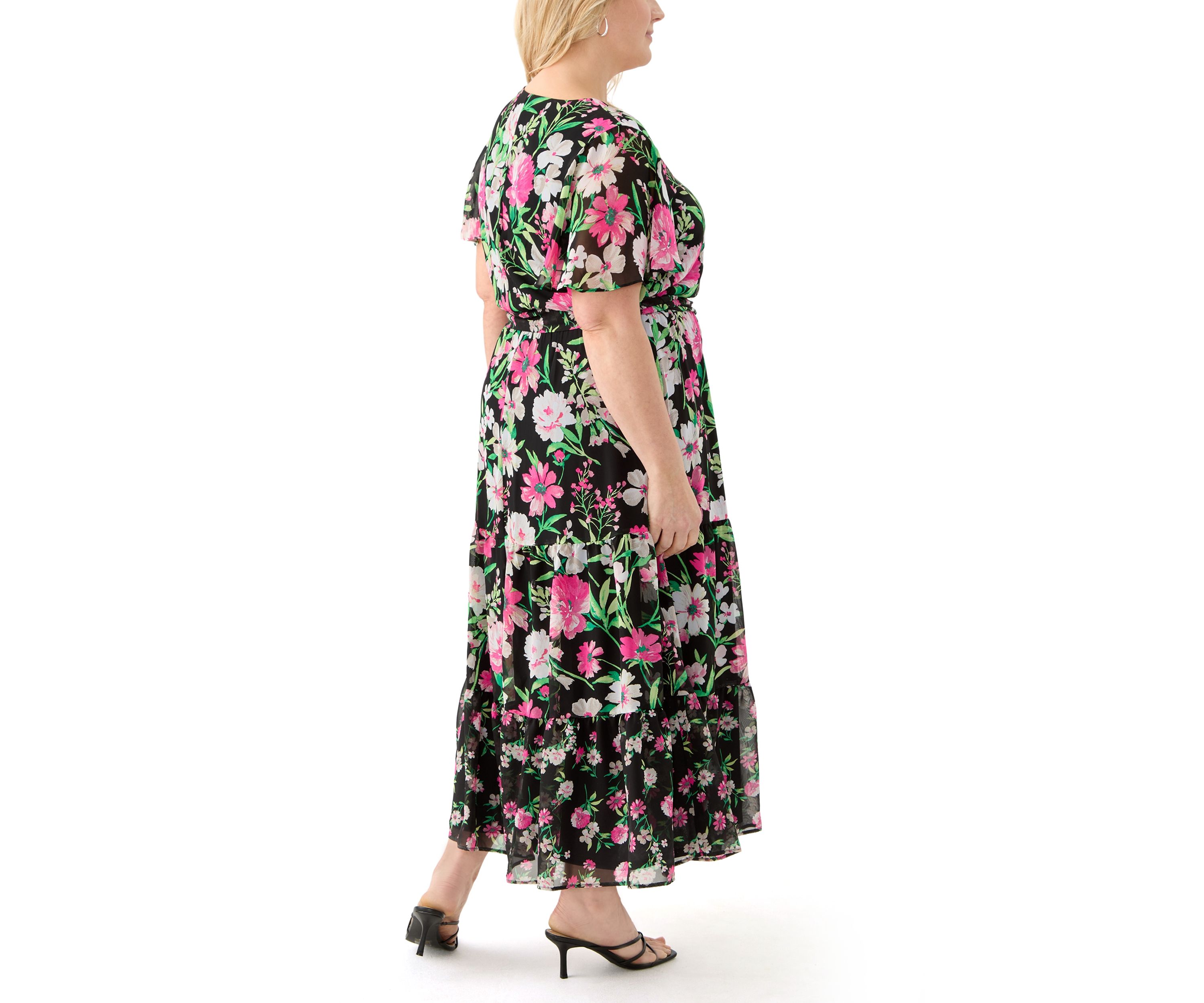 Plus Size Multi Floral Print Tiered Flutter Sleeve Dress